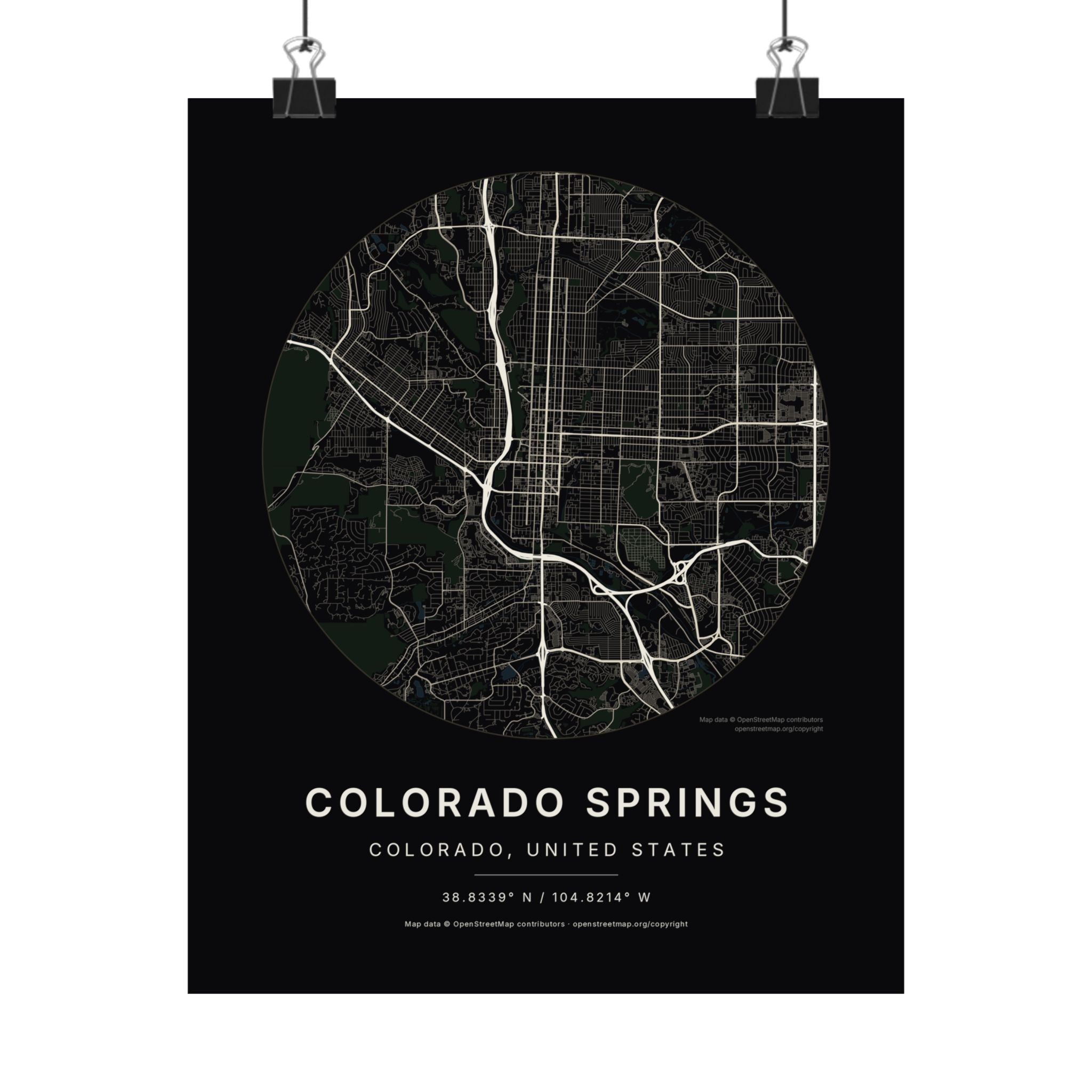 Colorado Springs, Colorado City Map Print — Noir Black Street Map Wall Art