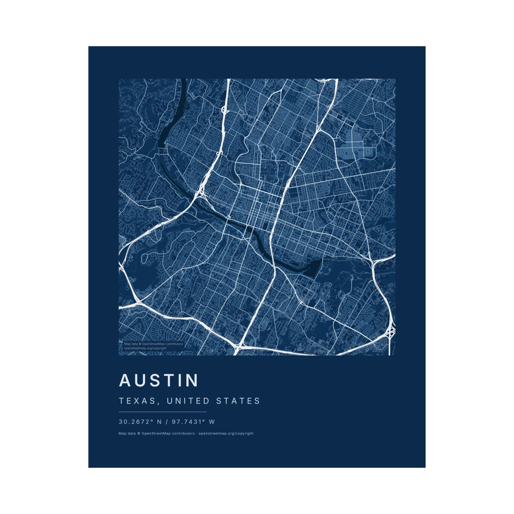 Austin, Texas City Map Print — Blueprint Navy Street Map Wall Art