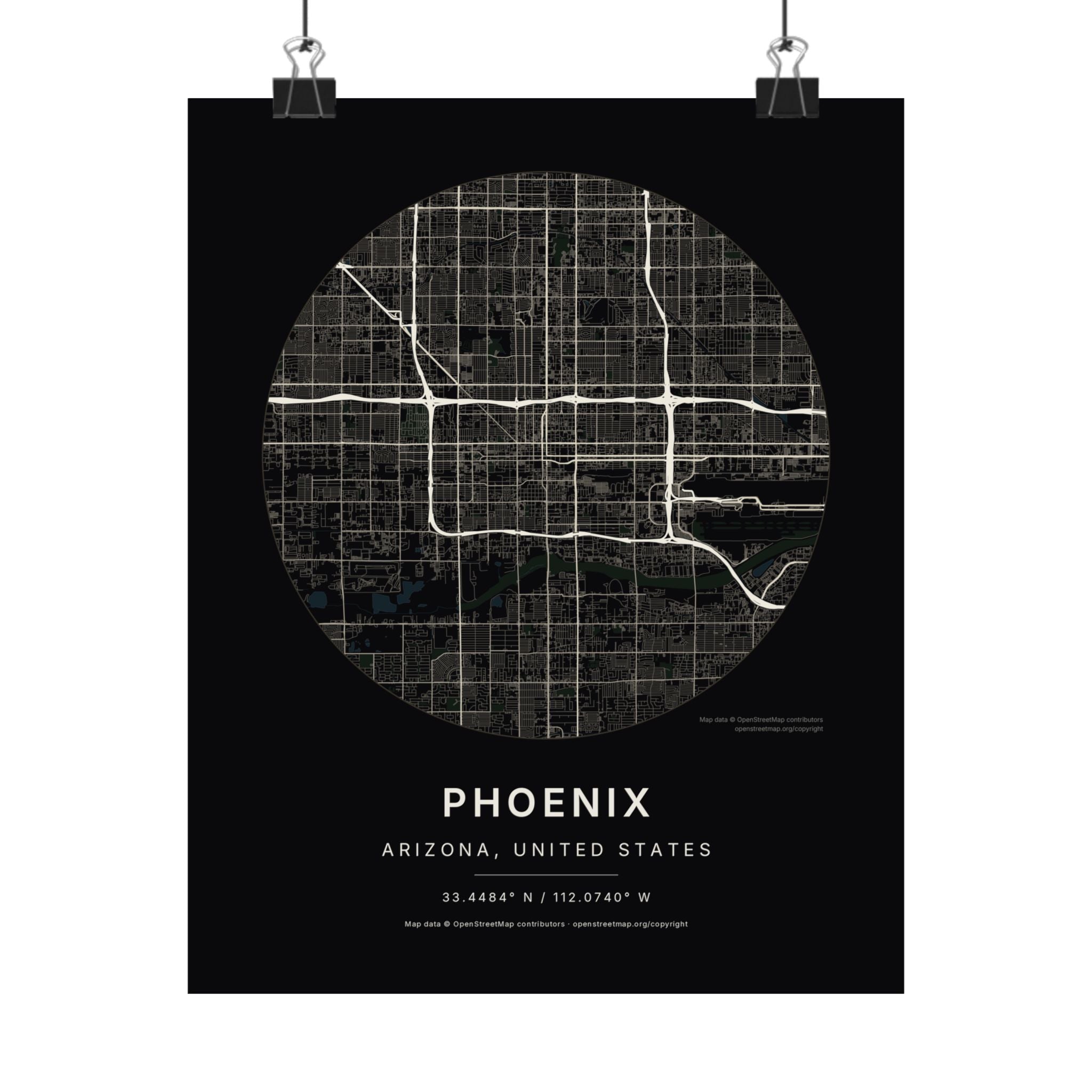 Phoenix, Arizona City Map Print — Noir Black Street Map Wall Art