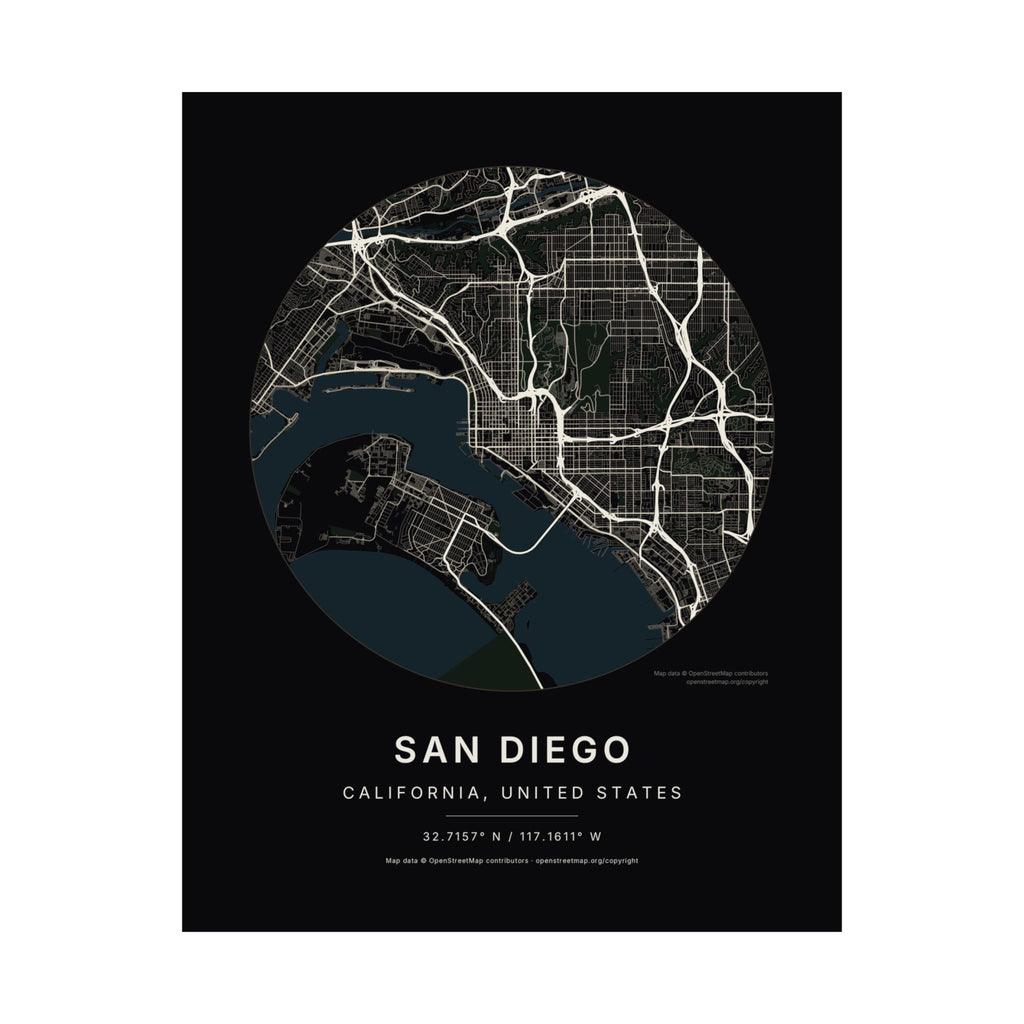 San Diego, California City Map Print — Noir Black Street Map Wall Art