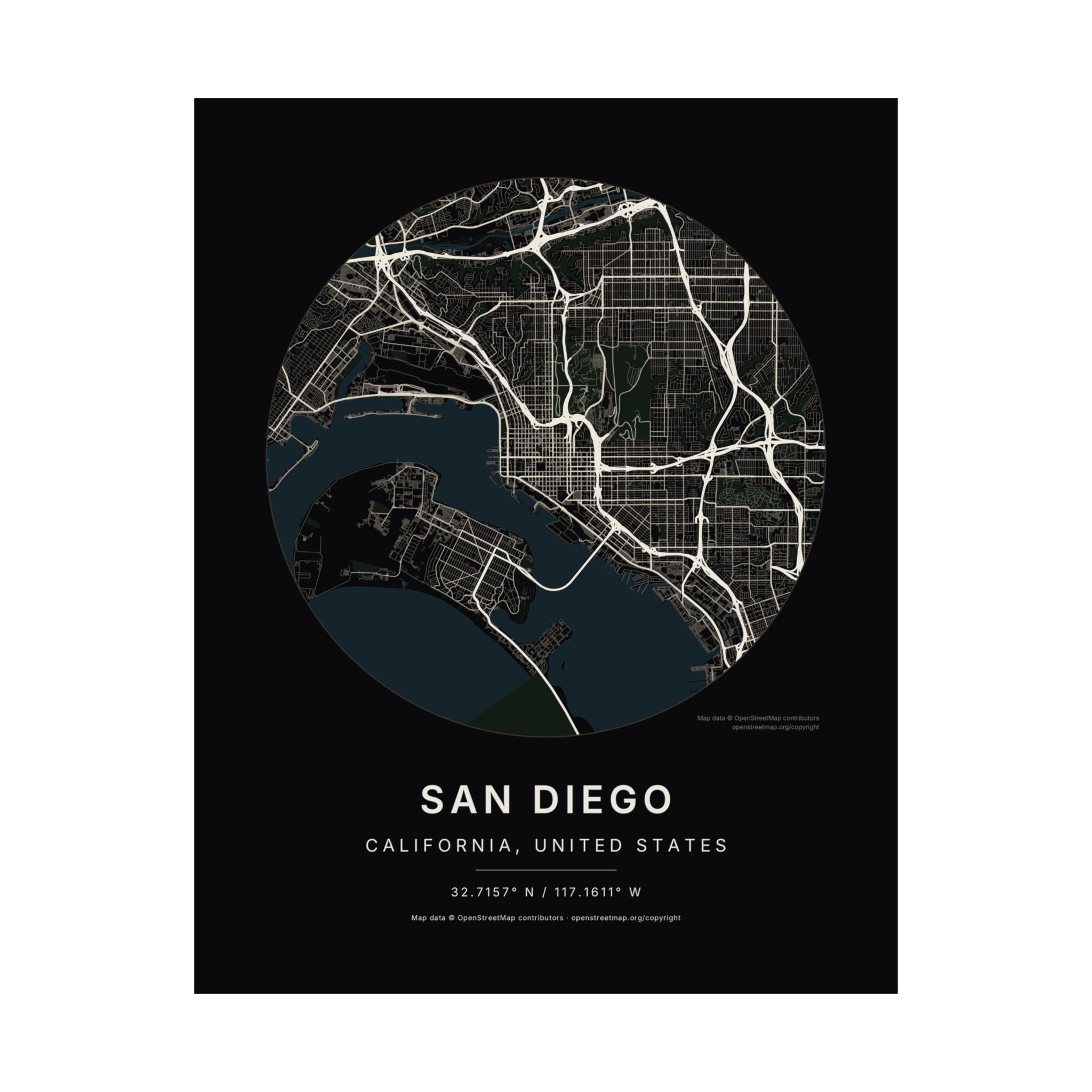 San Diego, California City Map Print — Noir Black Street Map Wall Art