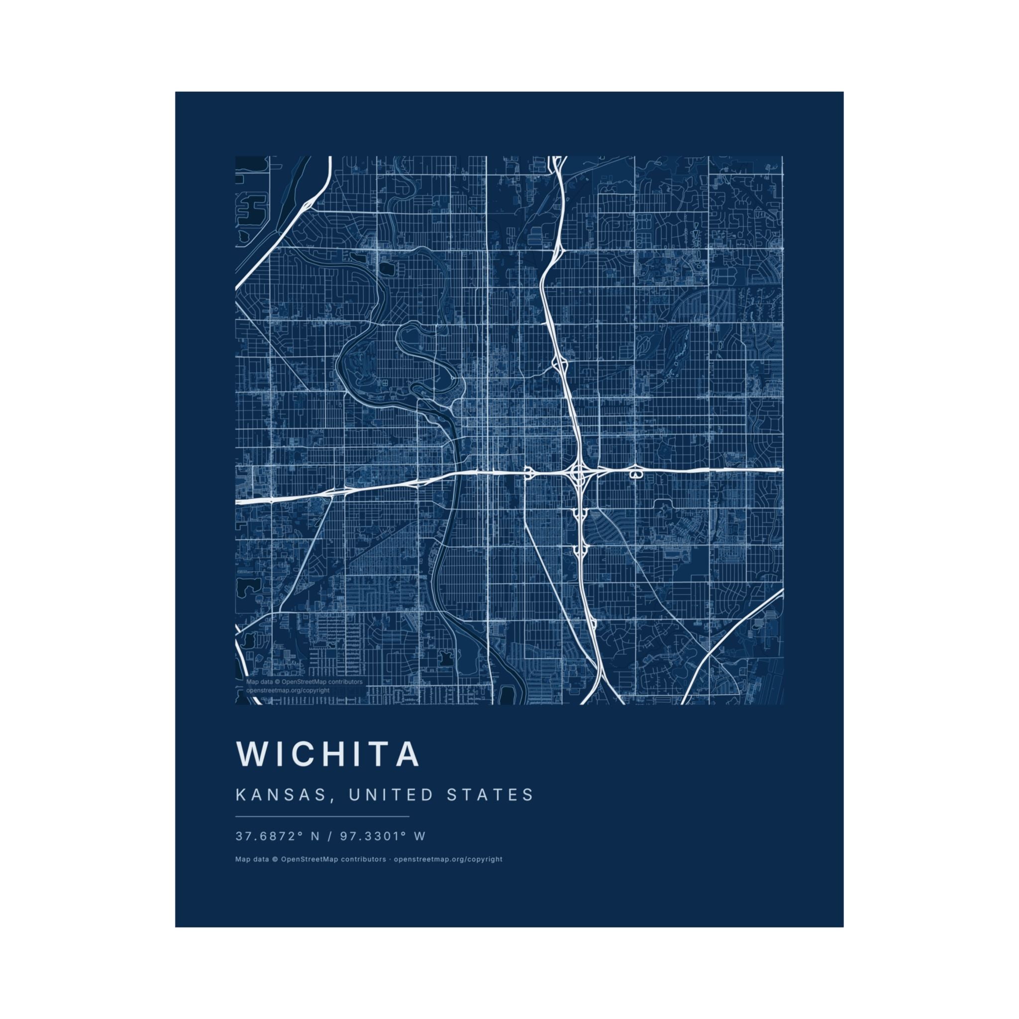 Wichita, Kansas City Map Print — Blueprint Navy Street Map Wall Art