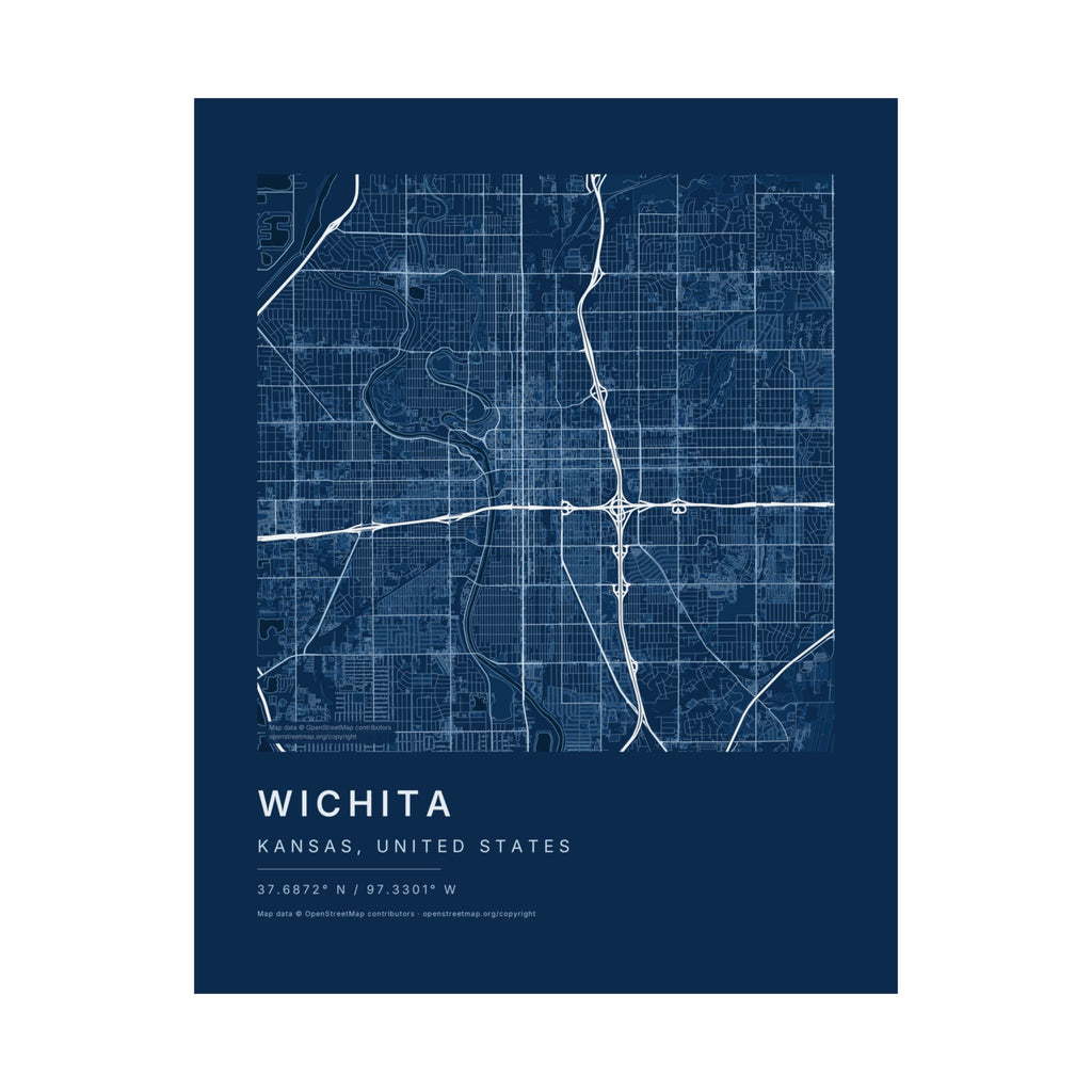 Wichita, Kansas City Map Print — Blueprint Navy Street Map Wall Art