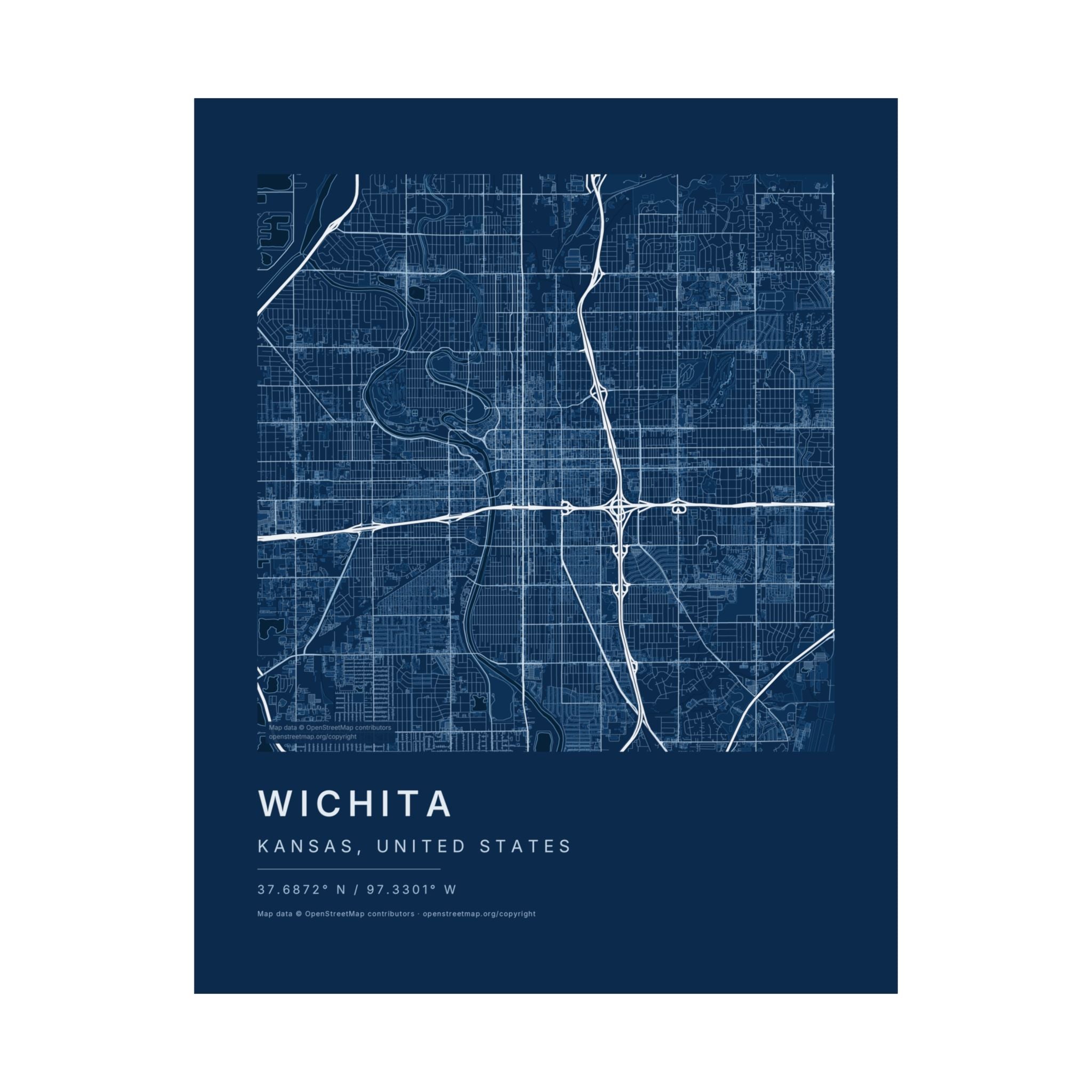 Wichita, Kansas City Map Print — Blueprint Navy Street Map Wall Art