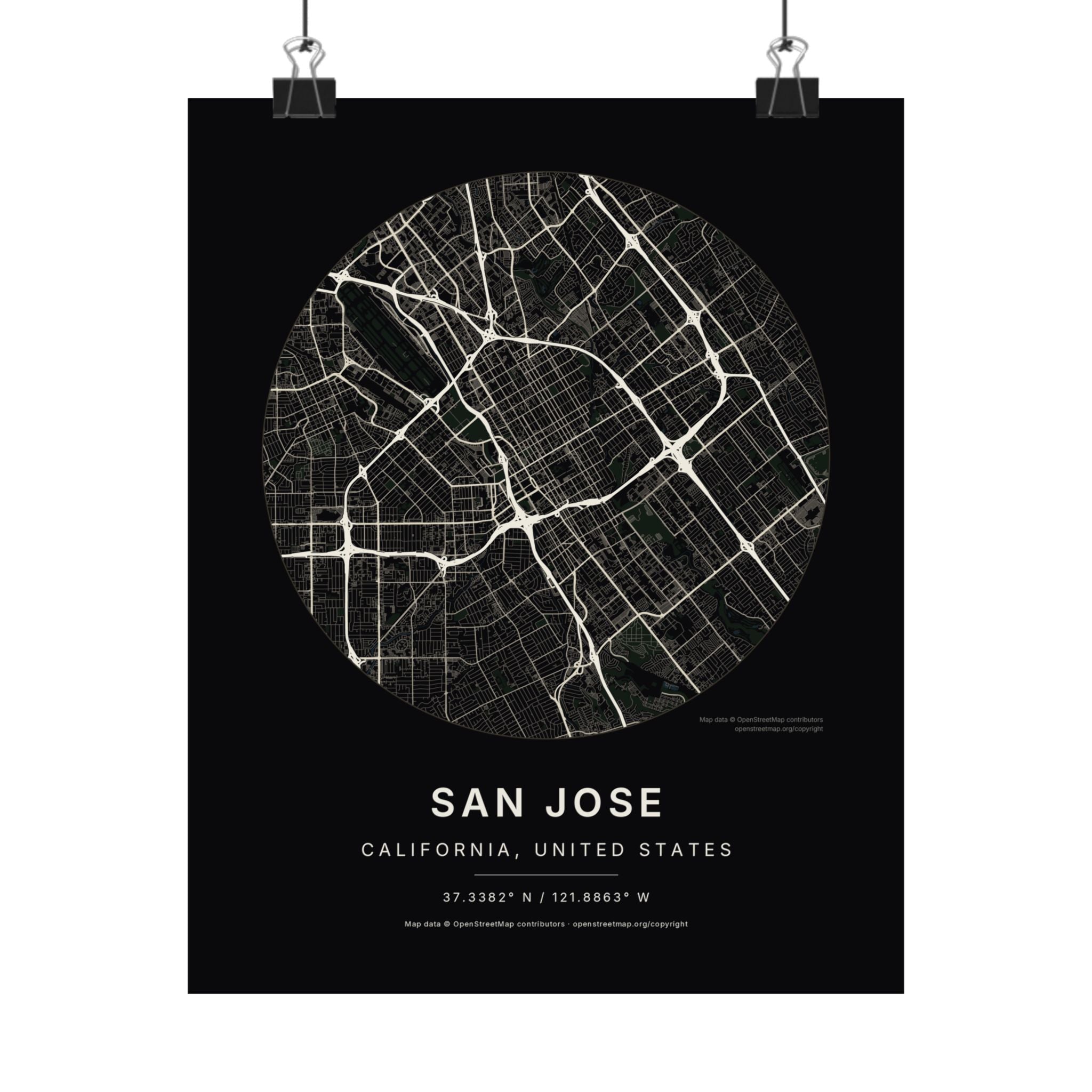 San Jose, California City Map Print — Noir Black Street Map Wall Art