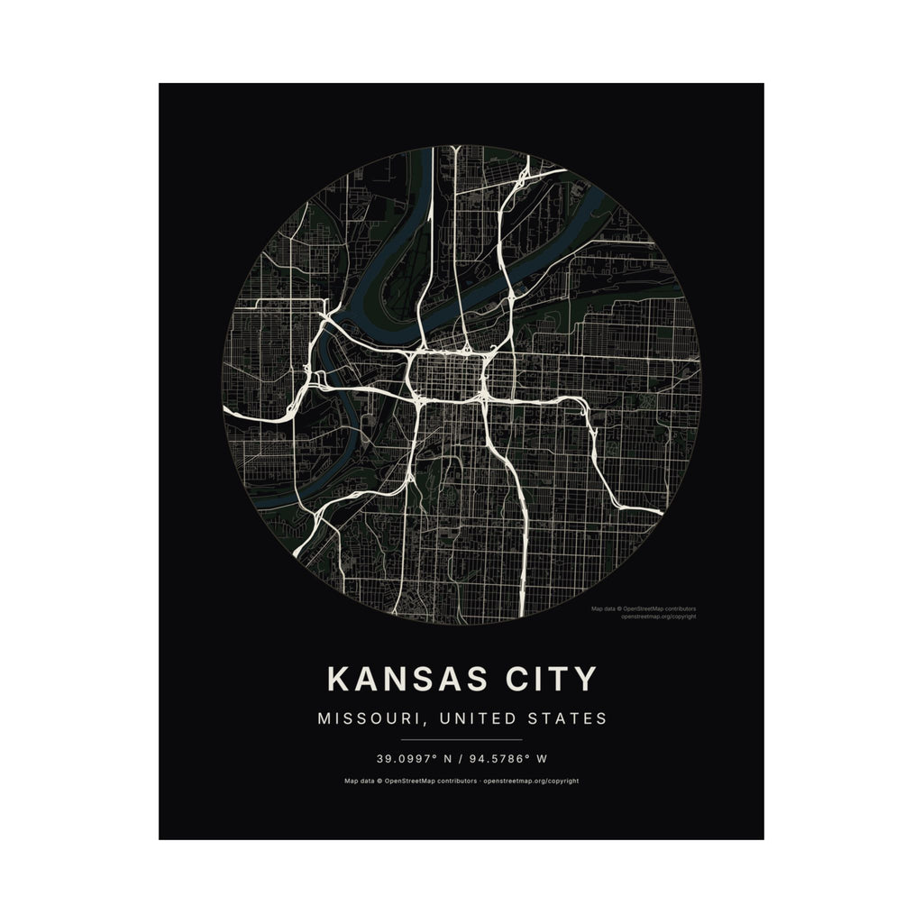 Kansas City, Missouri City Map Print — Noir Black Street Map Wall Art
