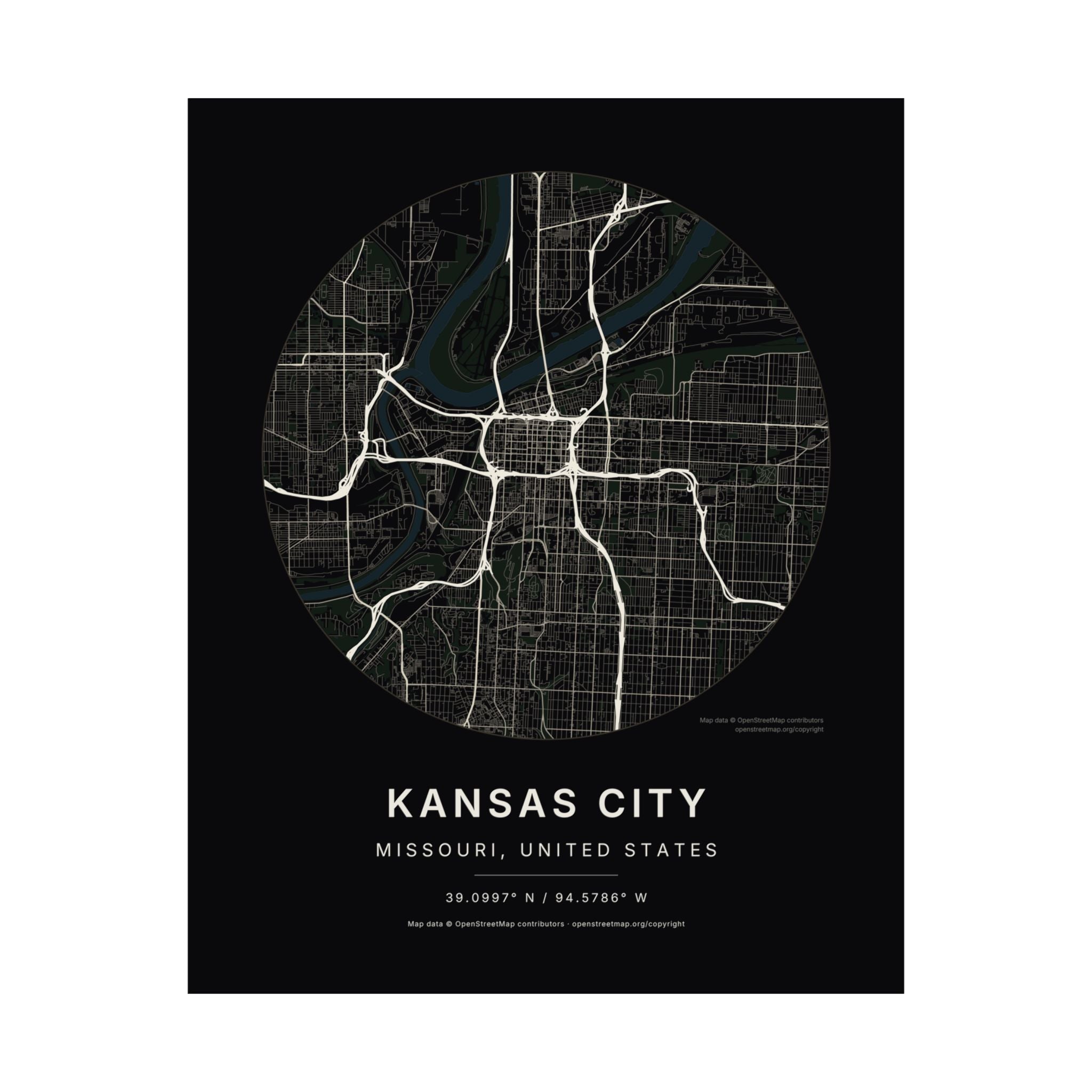 Kansas City, Missouri City Map Print — Noir Black Street Map Wall Art