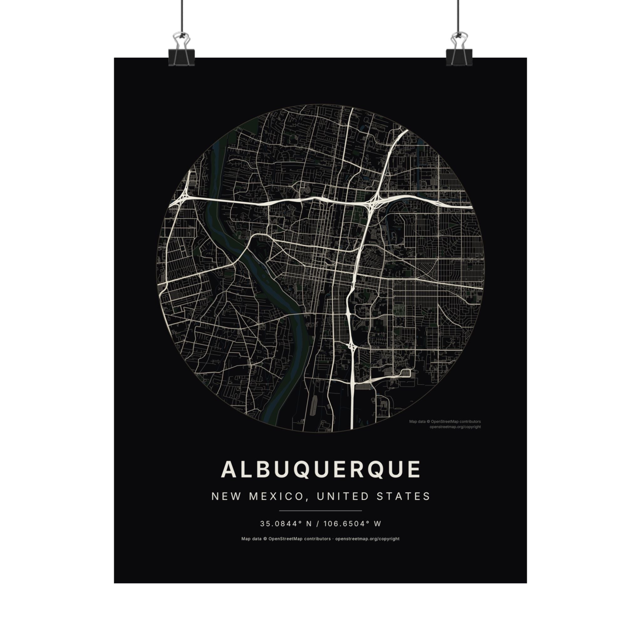 Albuquerque, New Mexico City Map Print — Noir Black Street Map Wall Art