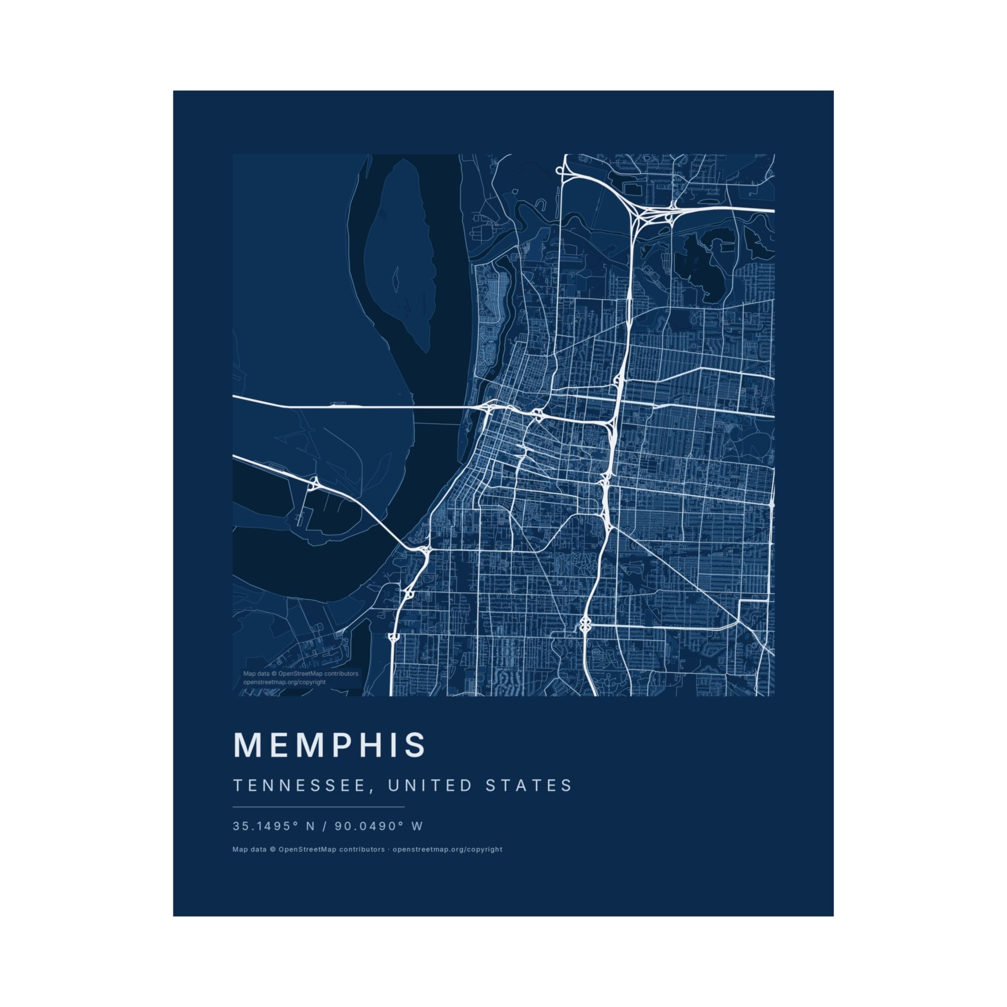 Memphis, Tennessee City Map Print — Blueprint Navy Street Map Wall Art
