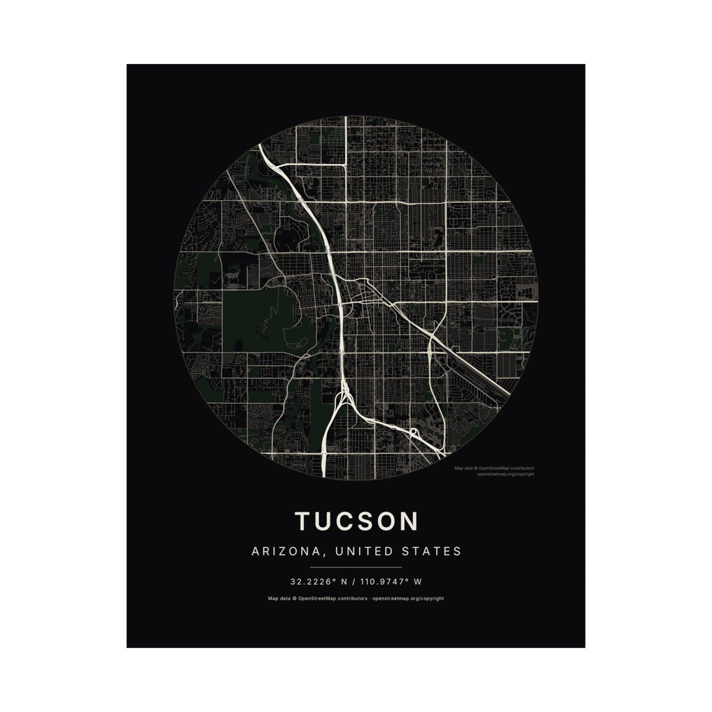 Tucson, Arizona City Map Print — Noir Black Street Map Wall Art