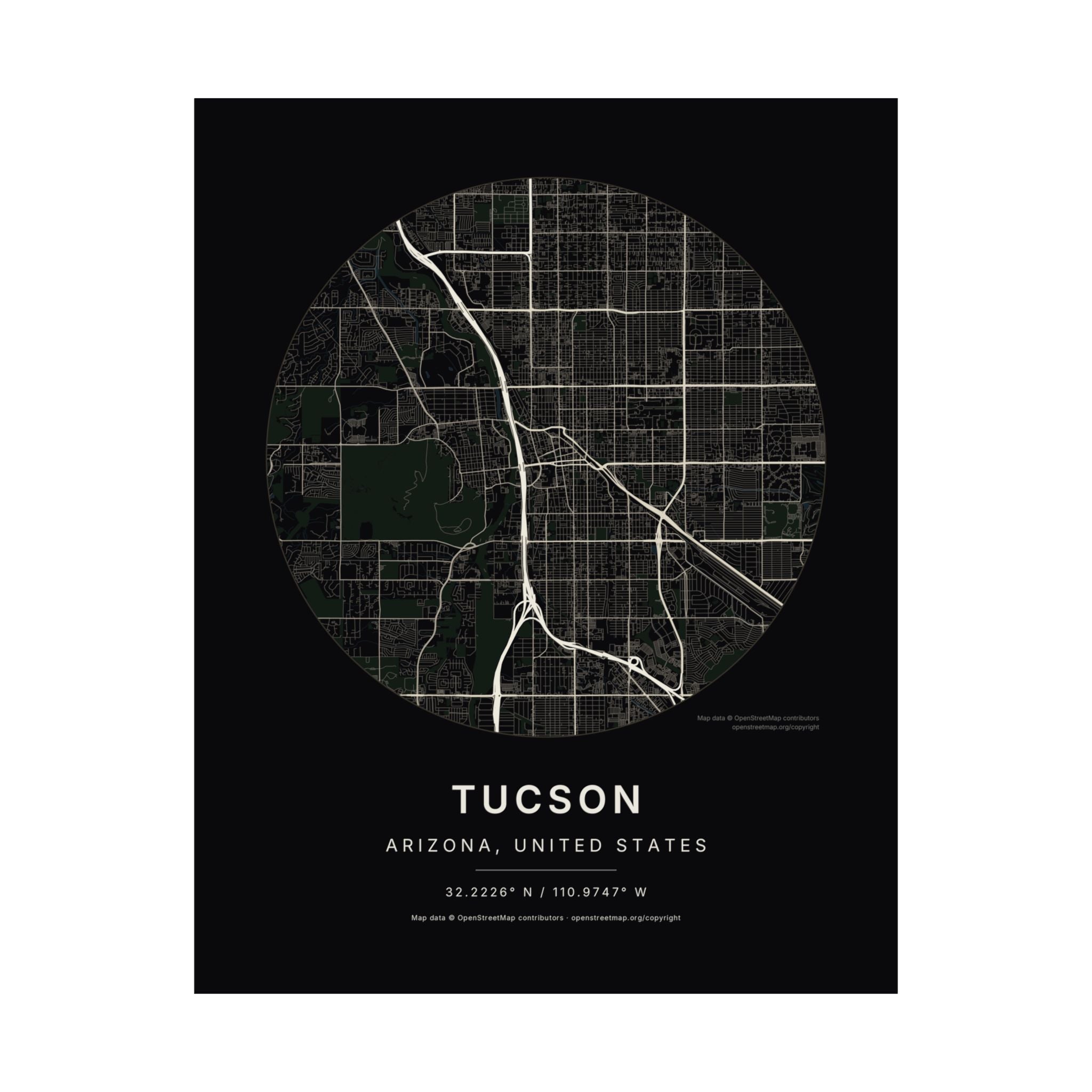 Tucson, Arizona City Map Print — Noir Black Street Map Wall Art