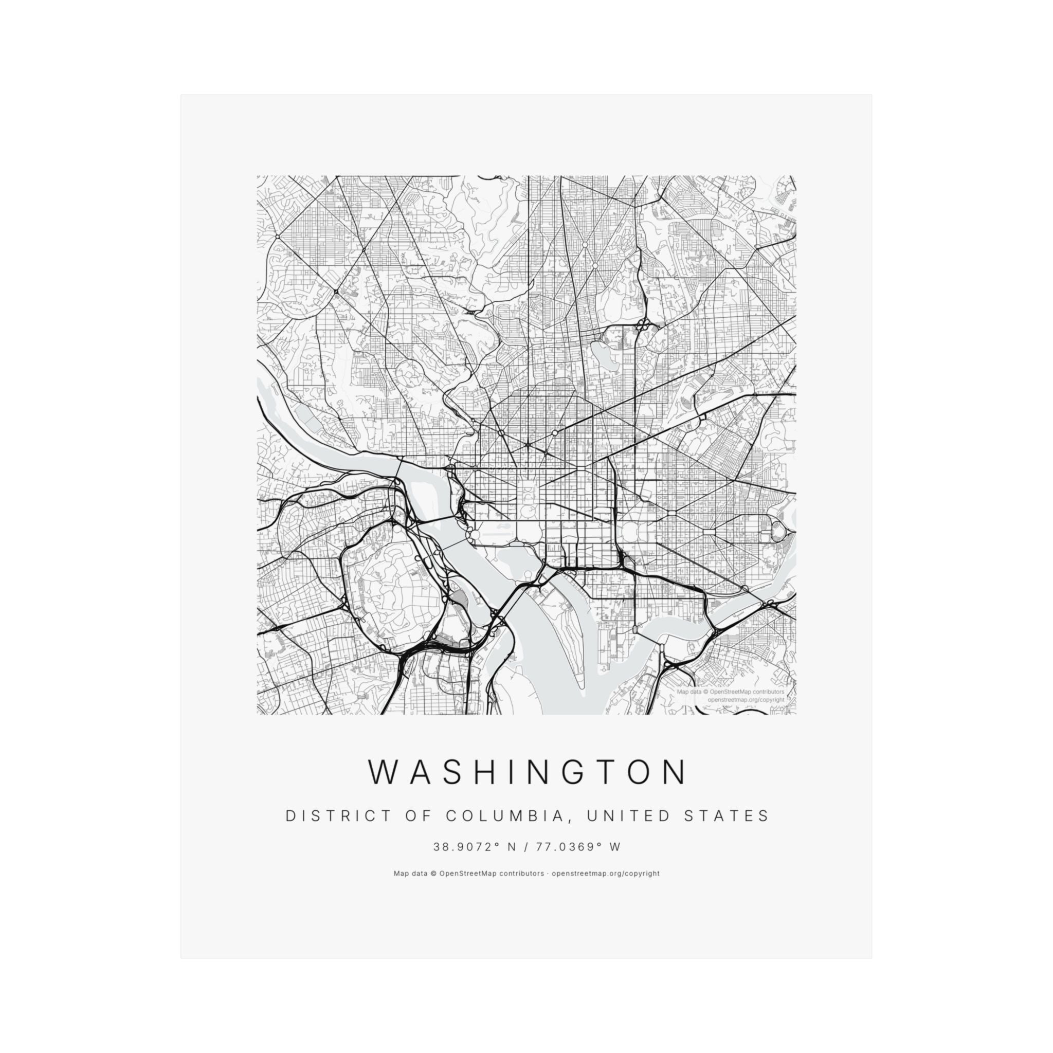Washington, District of Columbia City Map Print — Minimalist Street Map Wall Art