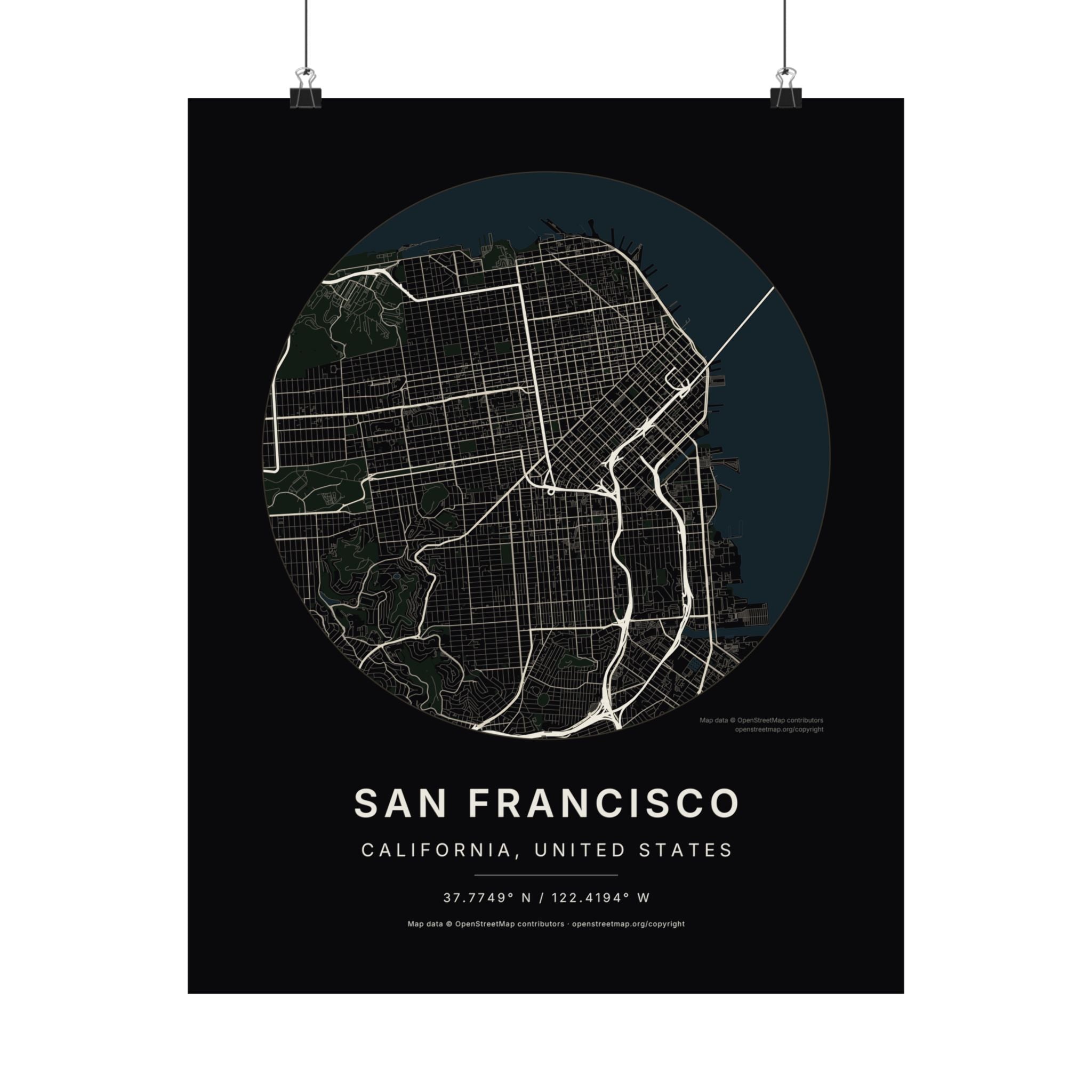 San Francisco, California City Map Print — Noir Black Street Map Wall Art