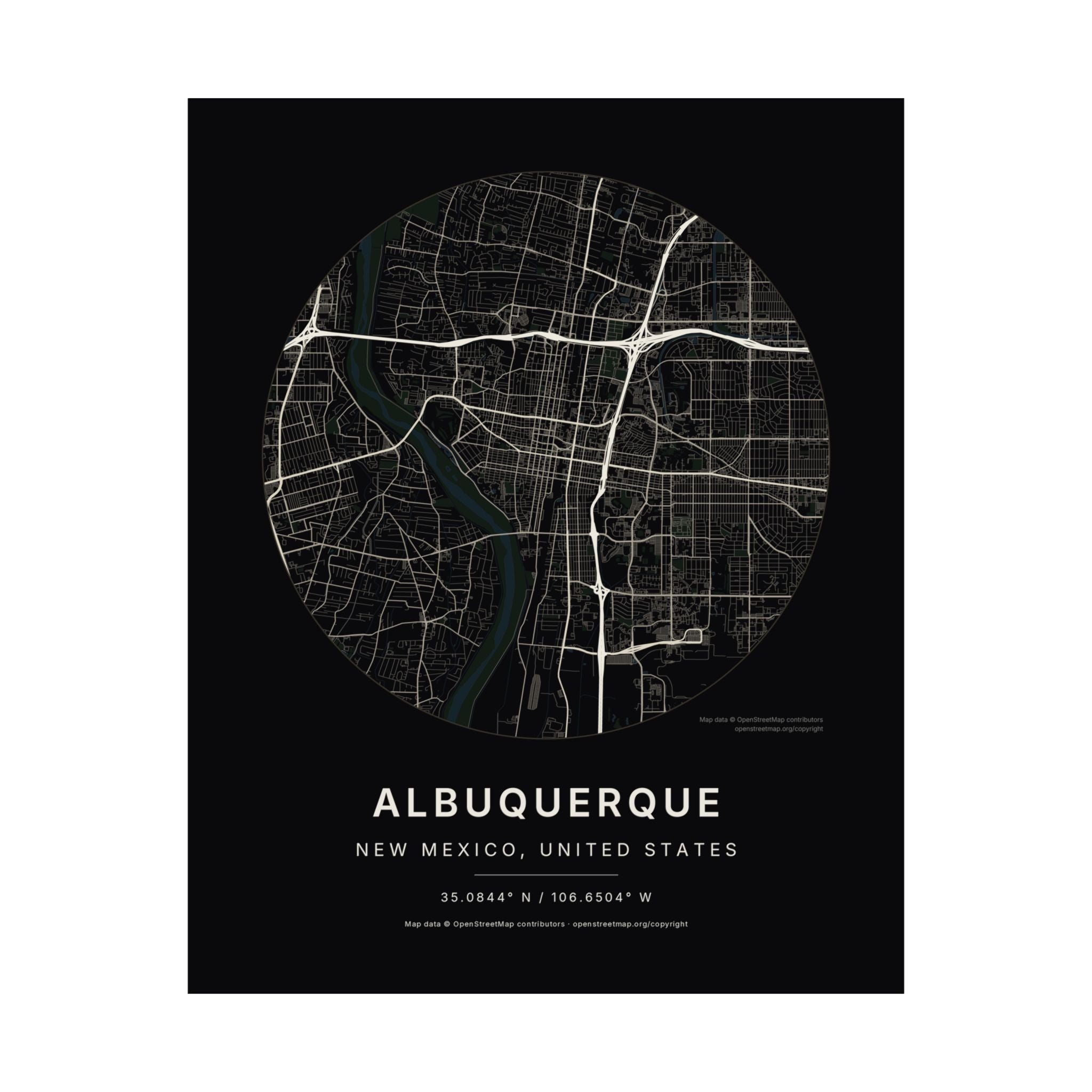 Albuquerque, New Mexico City Map Print — Noir Black Street Map Wall Art