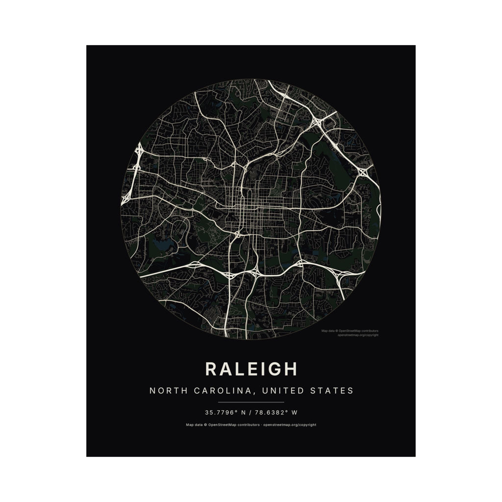 Raleigh, North Carolina City Map Print — Noir Black Street Map Wall Art