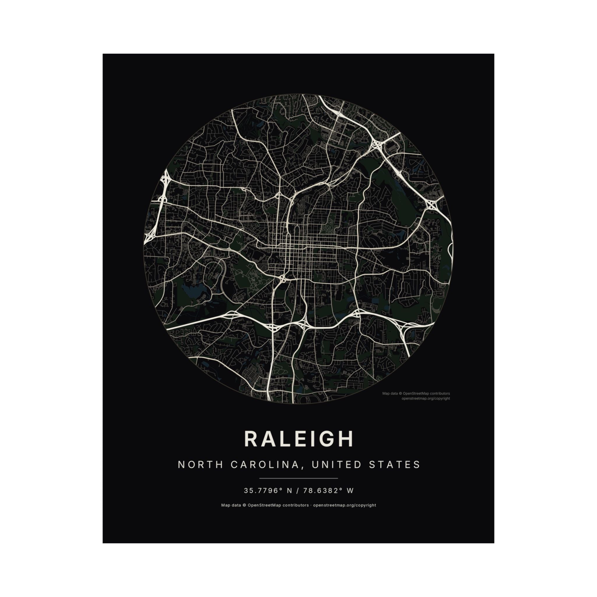Raleigh, North Carolina City Map Print — Noir Black Street Map Wall Art