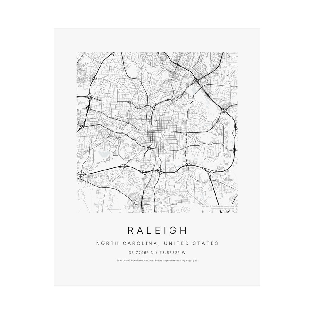 Raleigh, North Carolina City Map Print — Minimalist Street Map Wall Art