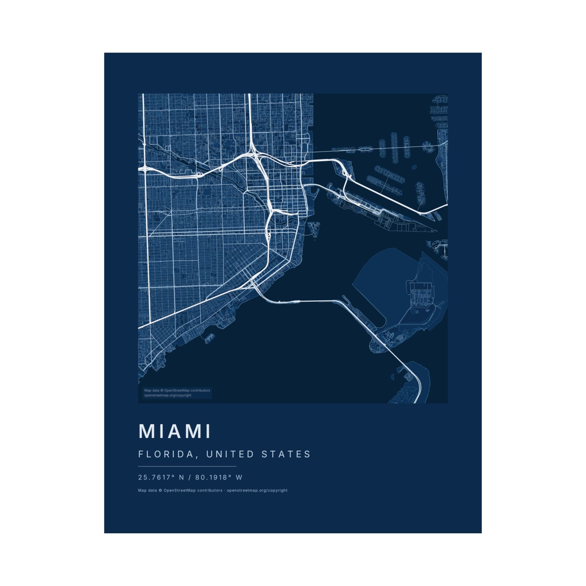 Miami, Florida City Map Print — Blueprint Navy Street Map Wall Art