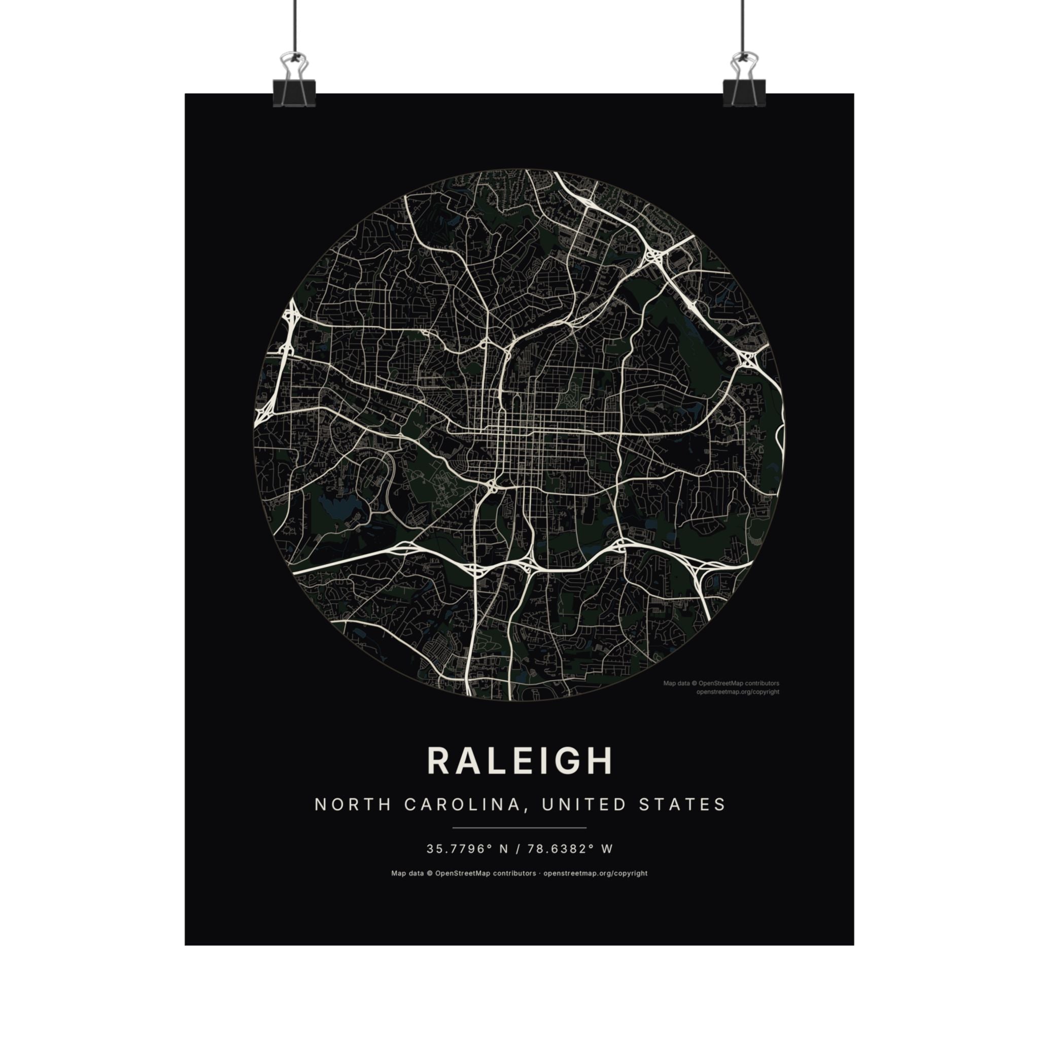 Raleigh, North Carolina City Map Print — Noir Black Street Map Wall Art