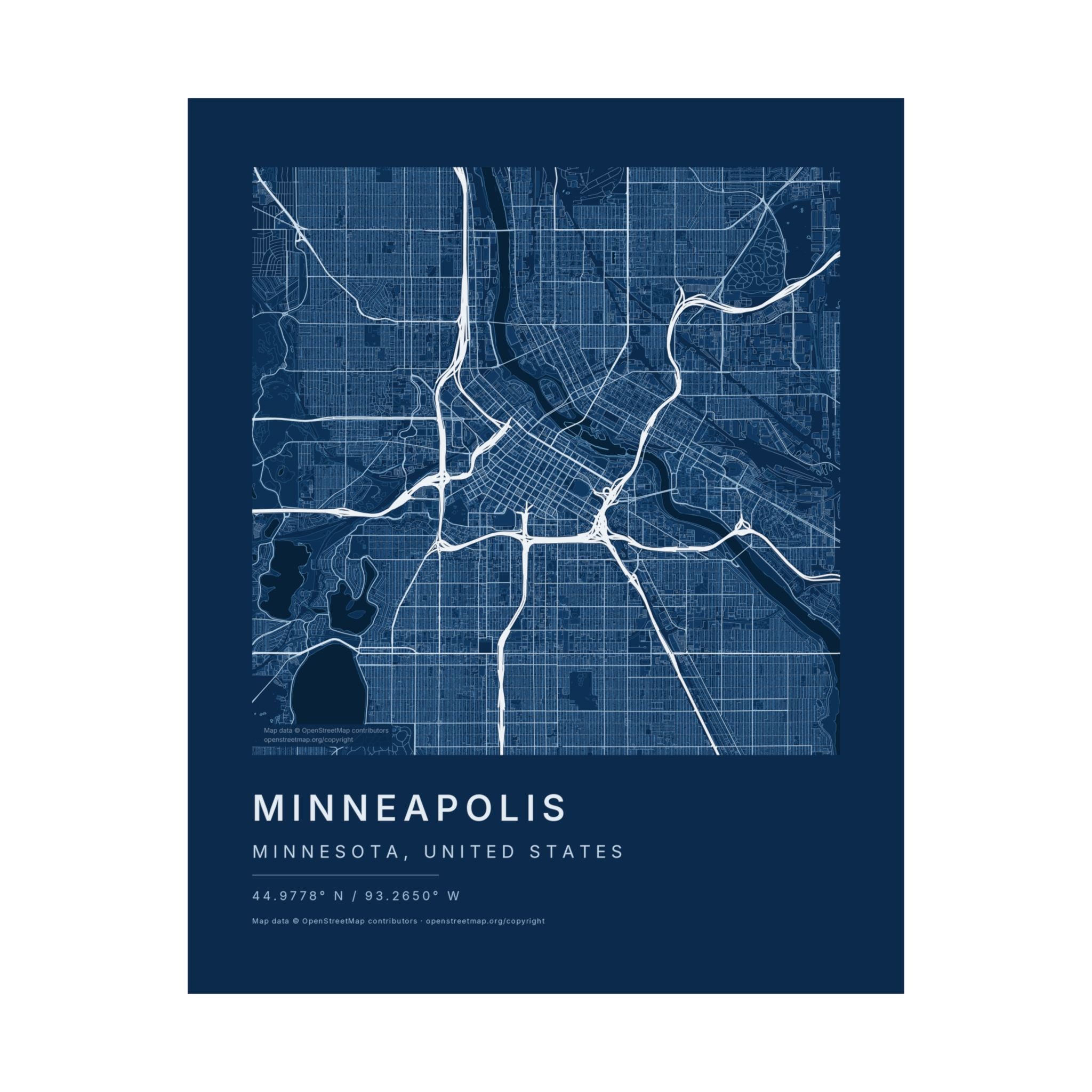 Minneapolis, Minnesota City Map Print — Blueprint Navy Street Map Wall Art