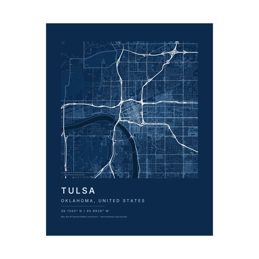 Tulsa, Oklahoma City Map Print — Blueprint Navy Street Map Wall Art