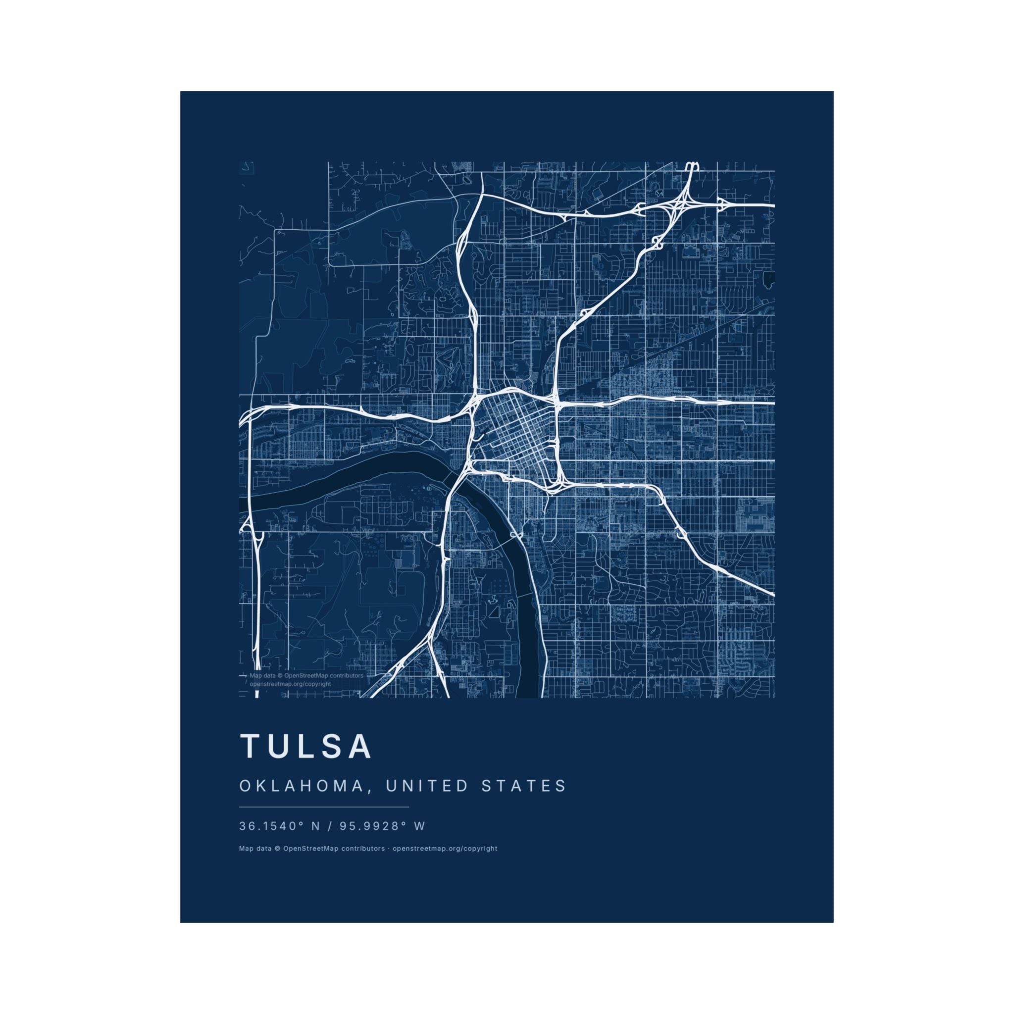 Tulsa, Oklahoma City Map Print — Blueprint Navy Street Map Wall Art