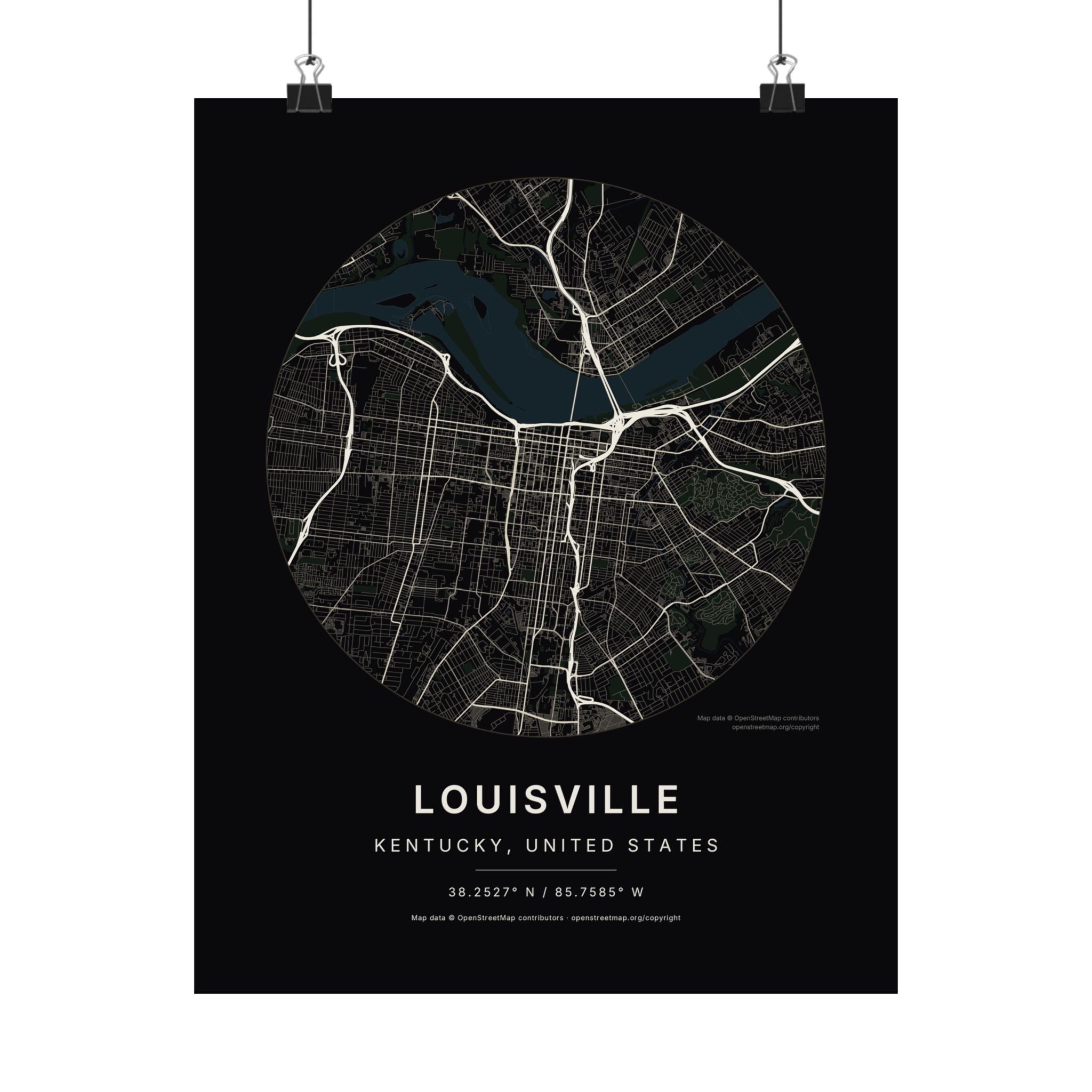 Louisville, Kentucky City Map Print — Noir Black Street Map Wall Art