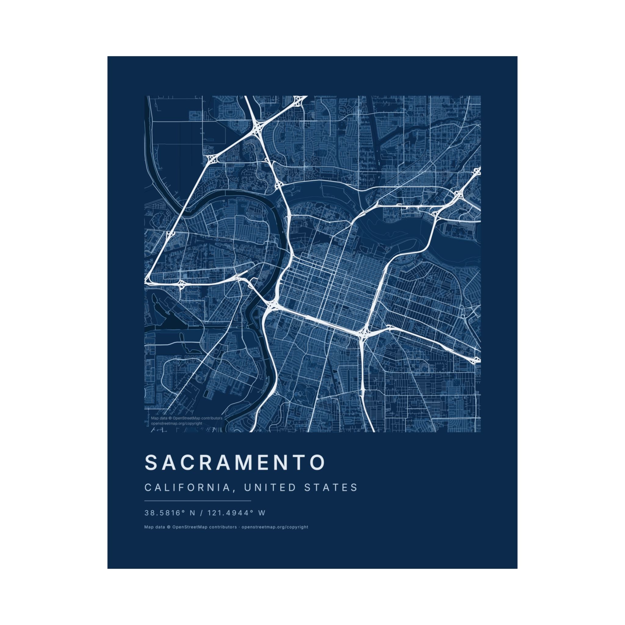 Sacramento, California City Map Print — Blueprint Navy Street Map Wall Art