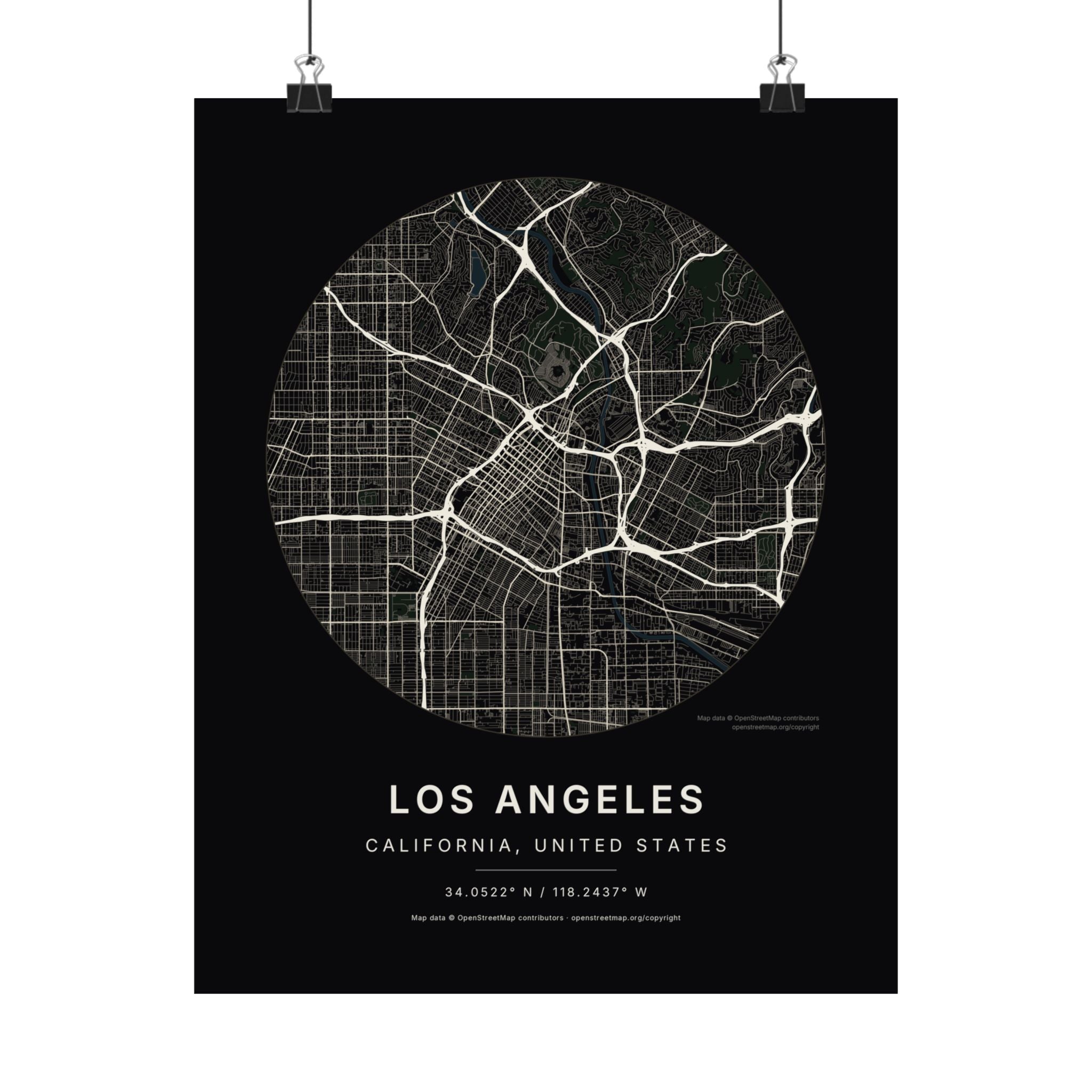 Los Angeles, California City Map Print — Noir Black Street Map Wall Art
