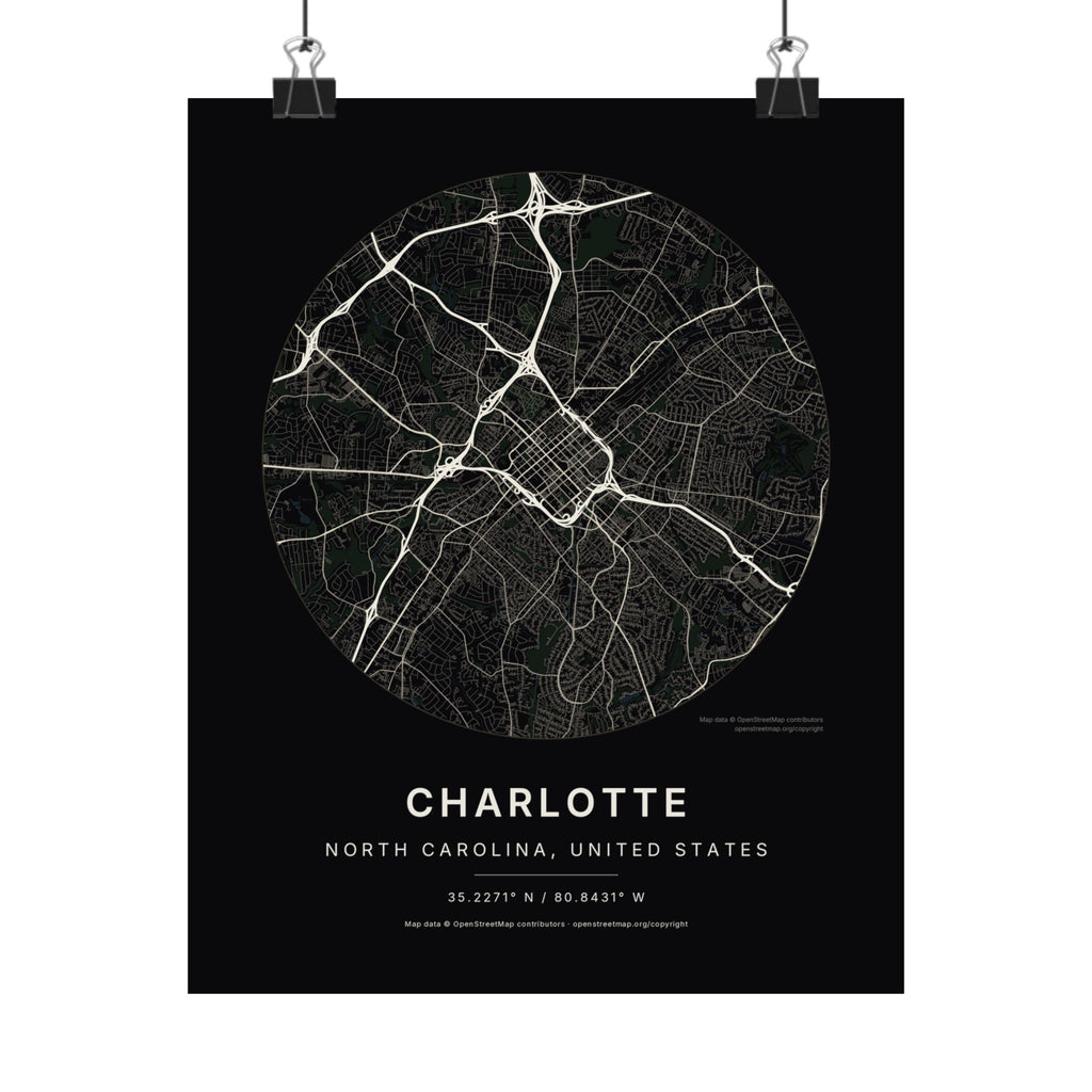 Charlotte, North Carolina City Map Print — Noir Black Street Map Wall Art