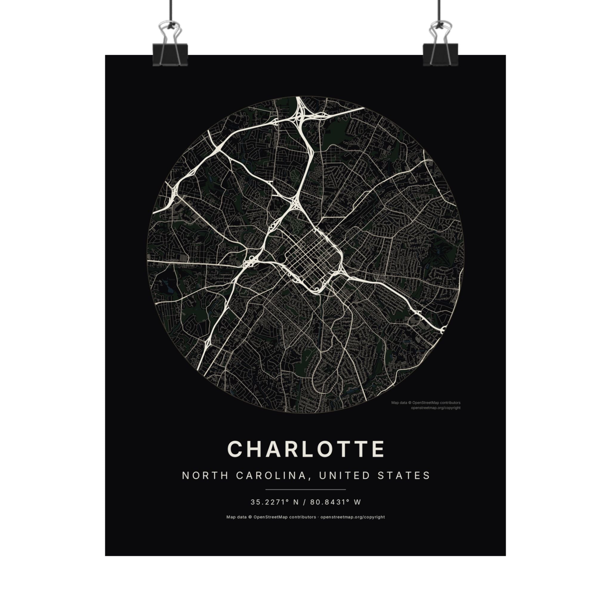 Charlotte, North Carolina City Map Print — Noir Black Street Map Wall Art