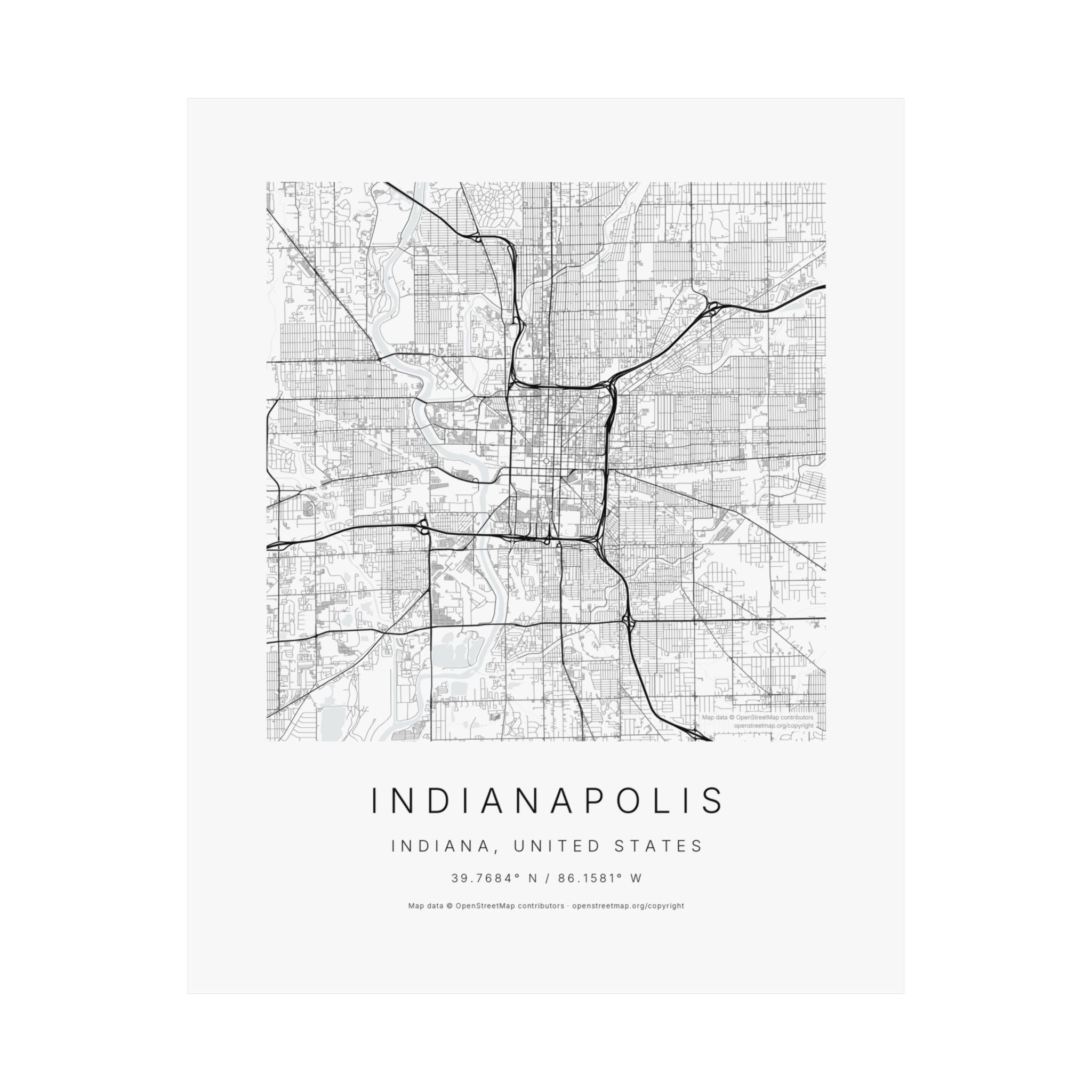 Indianapolis, Indiana City Map Print — Minimalist Street Map Wall Art