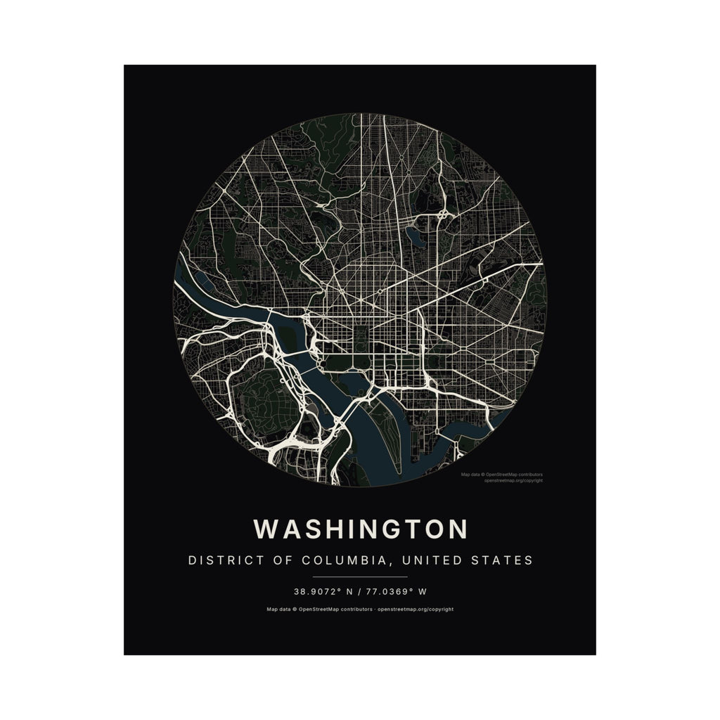 Washington, District of Columbia City Map Print — Noir Black Street Map Wall Art