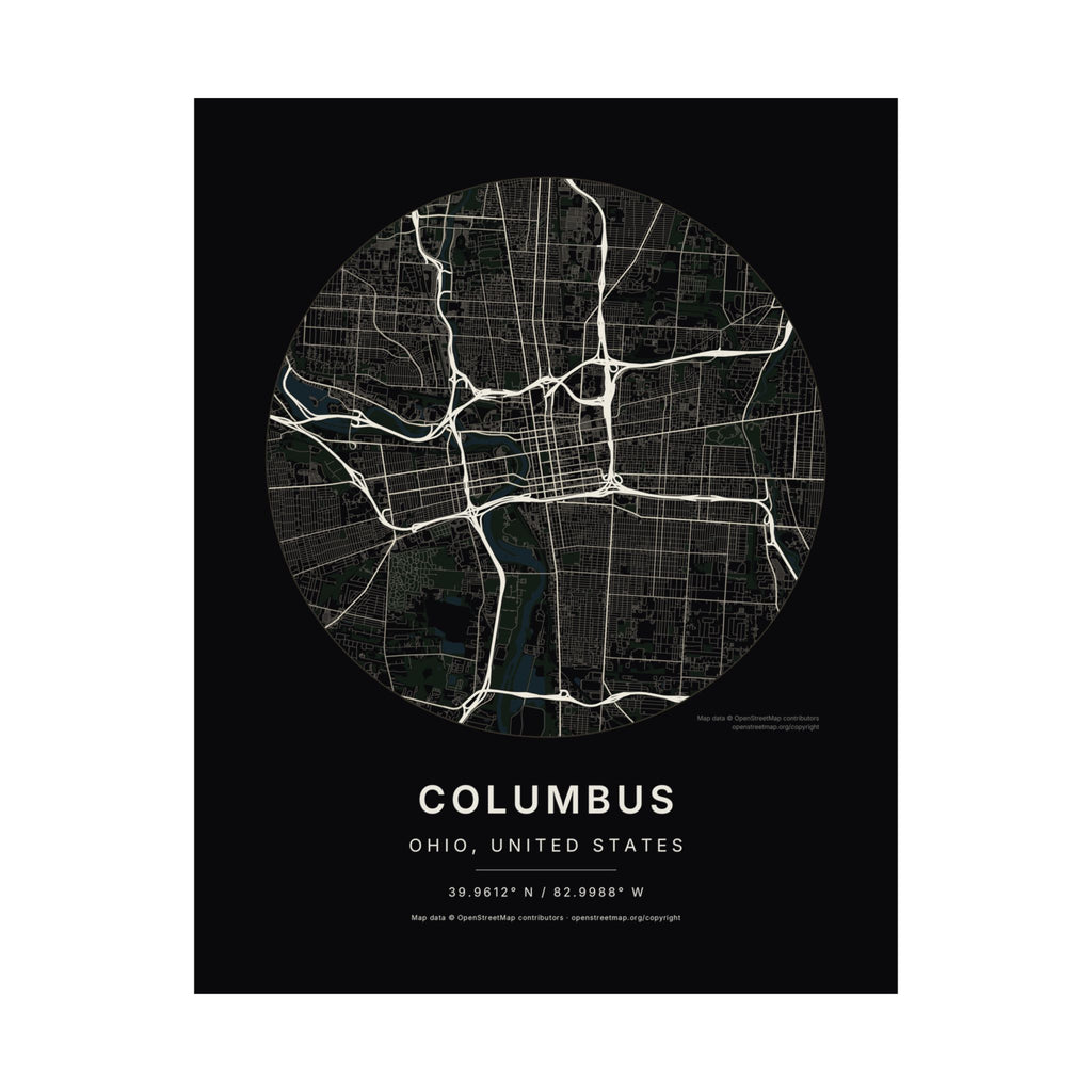 Columbus, Ohio City Map Print — Noir Black Street Map Wall Art
