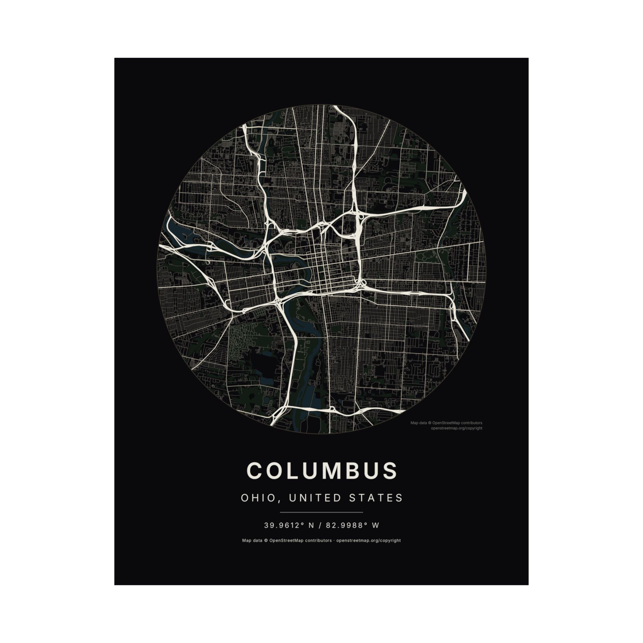 Columbus, Ohio City Map Print — Noir Black Street Map Wall Art