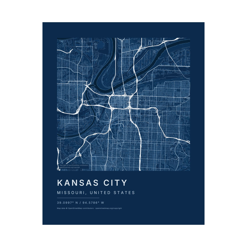 Kansas City, Missouri City Map Print — Blueprint Navy Street Map Wall Art