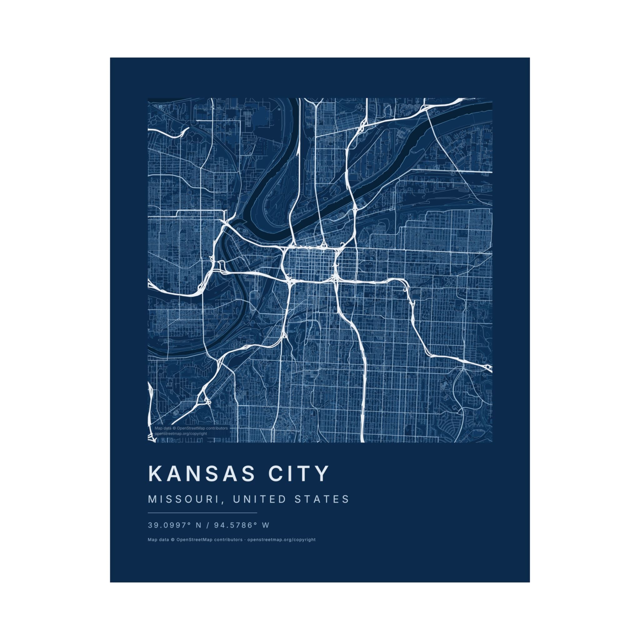 Kansas City, Missouri City Map Print — Blueprint Navy Street Map Wall Art