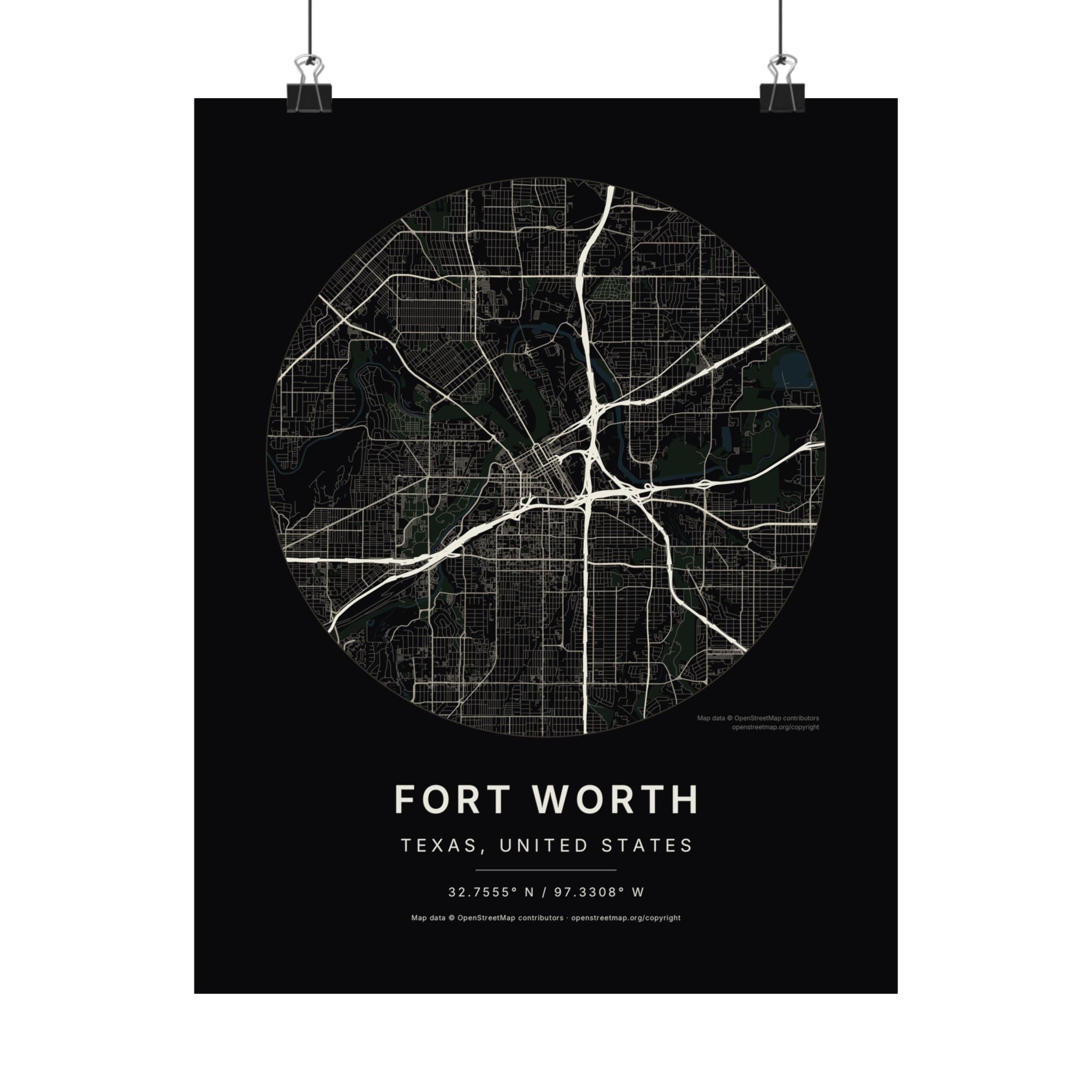 Fort Worth, Texas City Map Print — Noir Black Street Map Wall Art