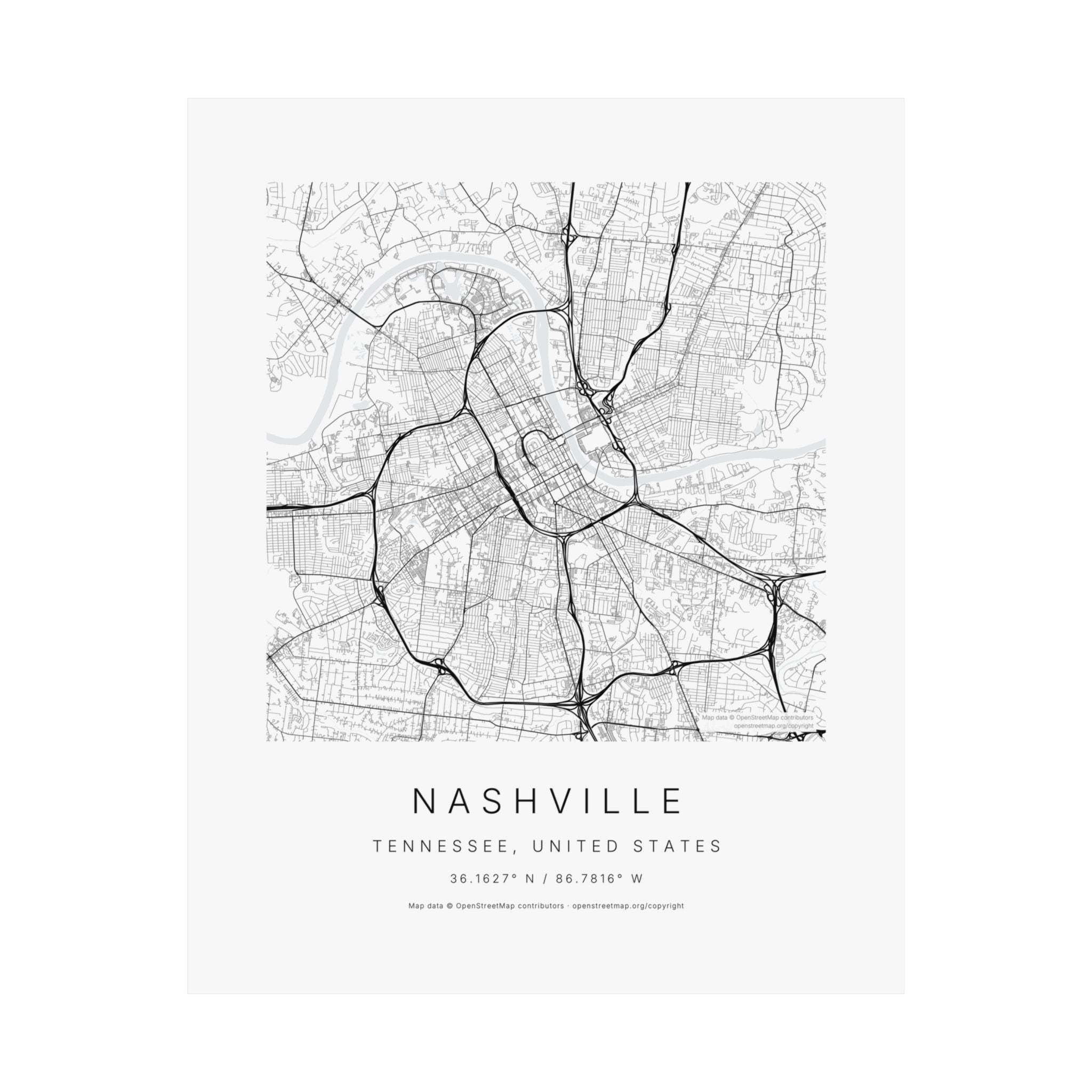 Nashville, Tennessee City Map Print — Minimalist Street Map Wall Art