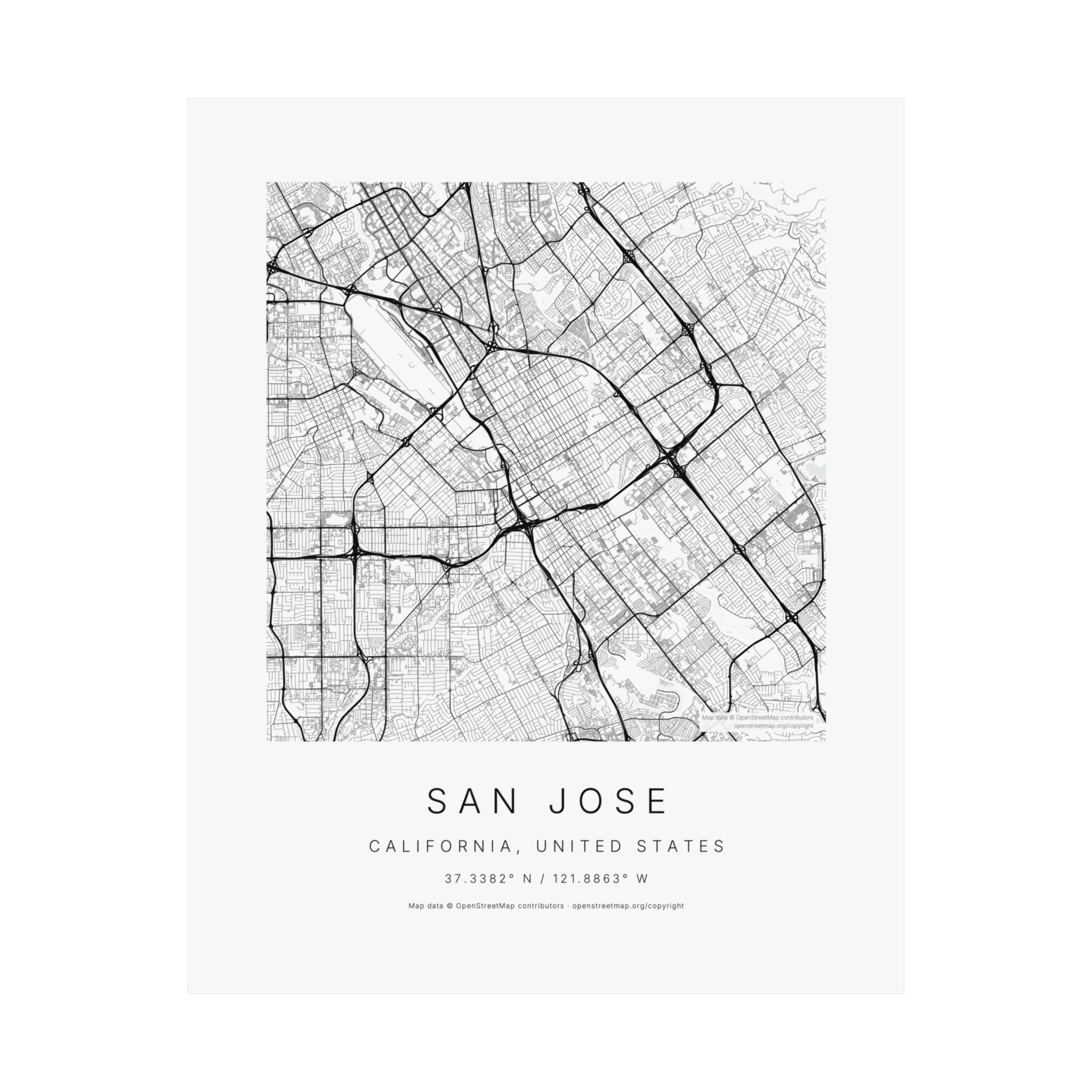 San Jose, California City Map Print — Minimalist Street Map Wall Art