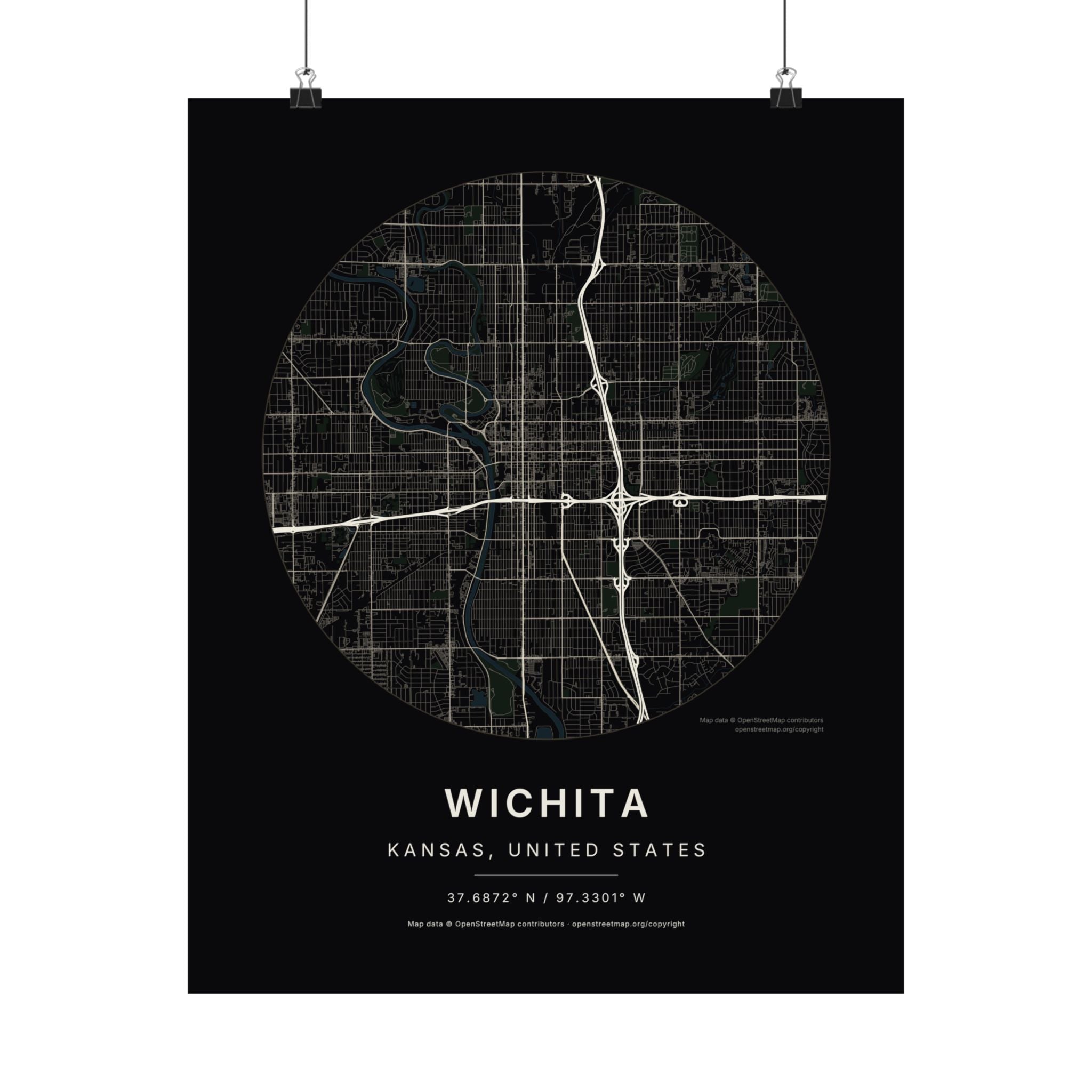 Wichita, Kansas City Map Print — Noir Black Street Map Wall Art