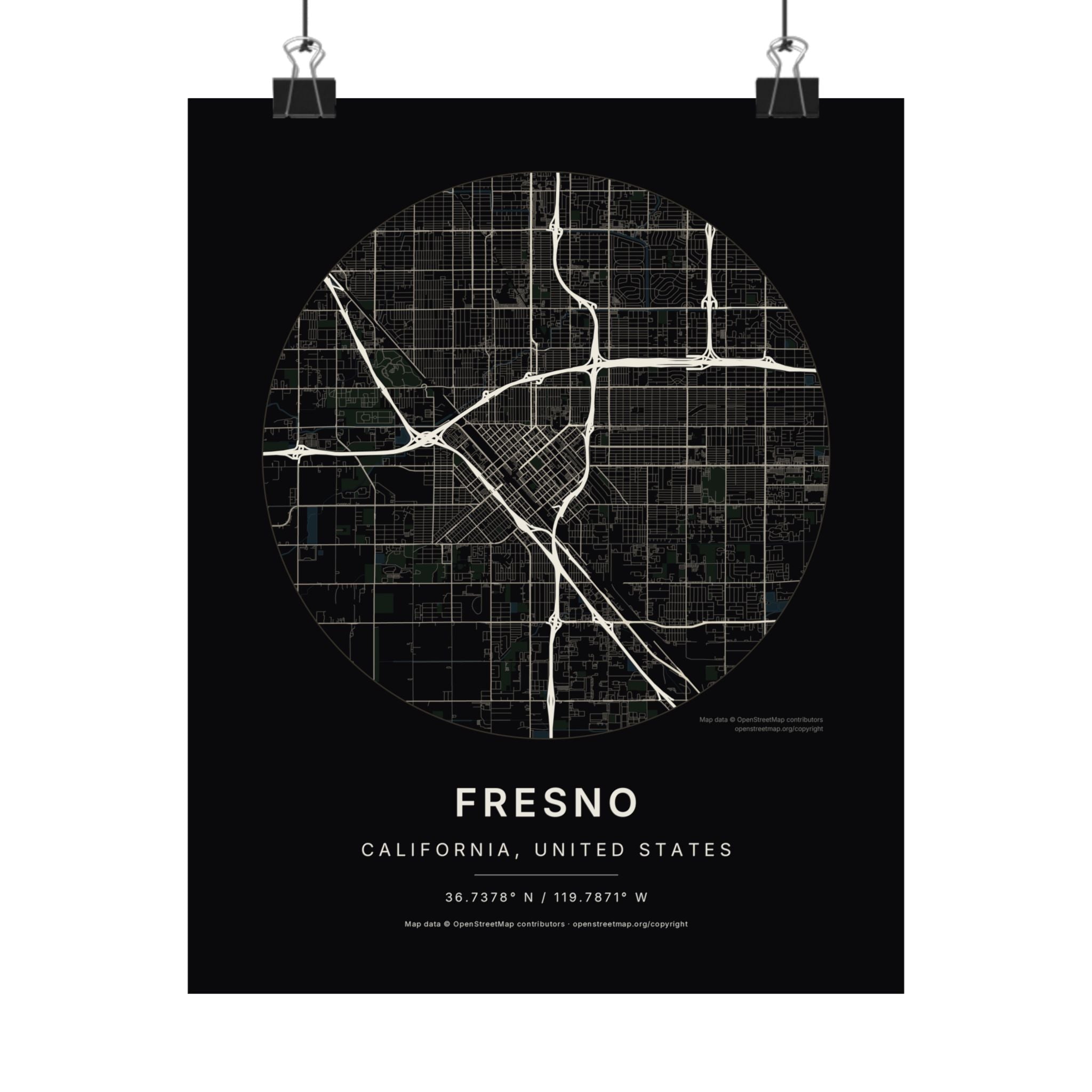 Fresno, California City Map Print — Noir Black Street Map Wall Art