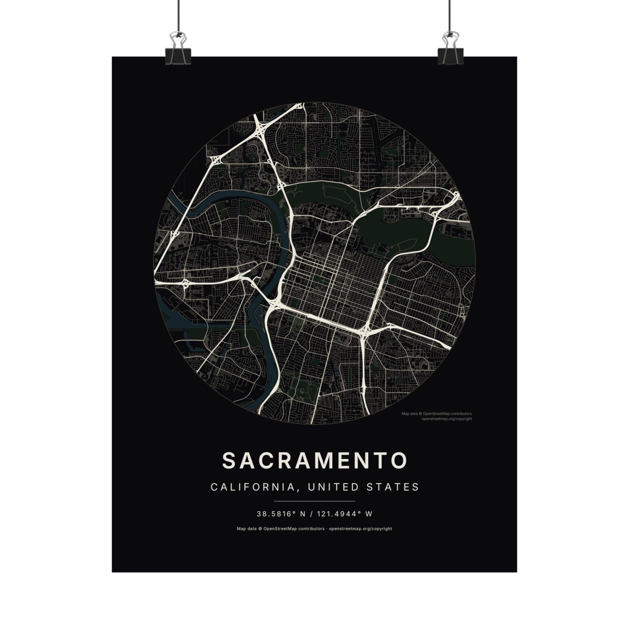Sacramento, California City Map Print — Noir Black Street Map Wall Art