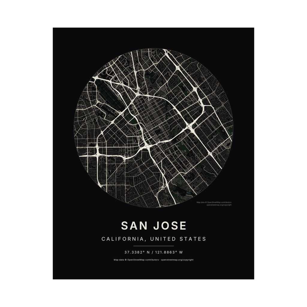 San Jose, California City Map Print — Noir Black Street Map Wall Art
