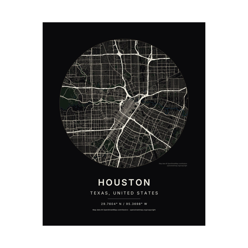 Houston, Texas City Map Print — Noir Black Street Map Wall Art