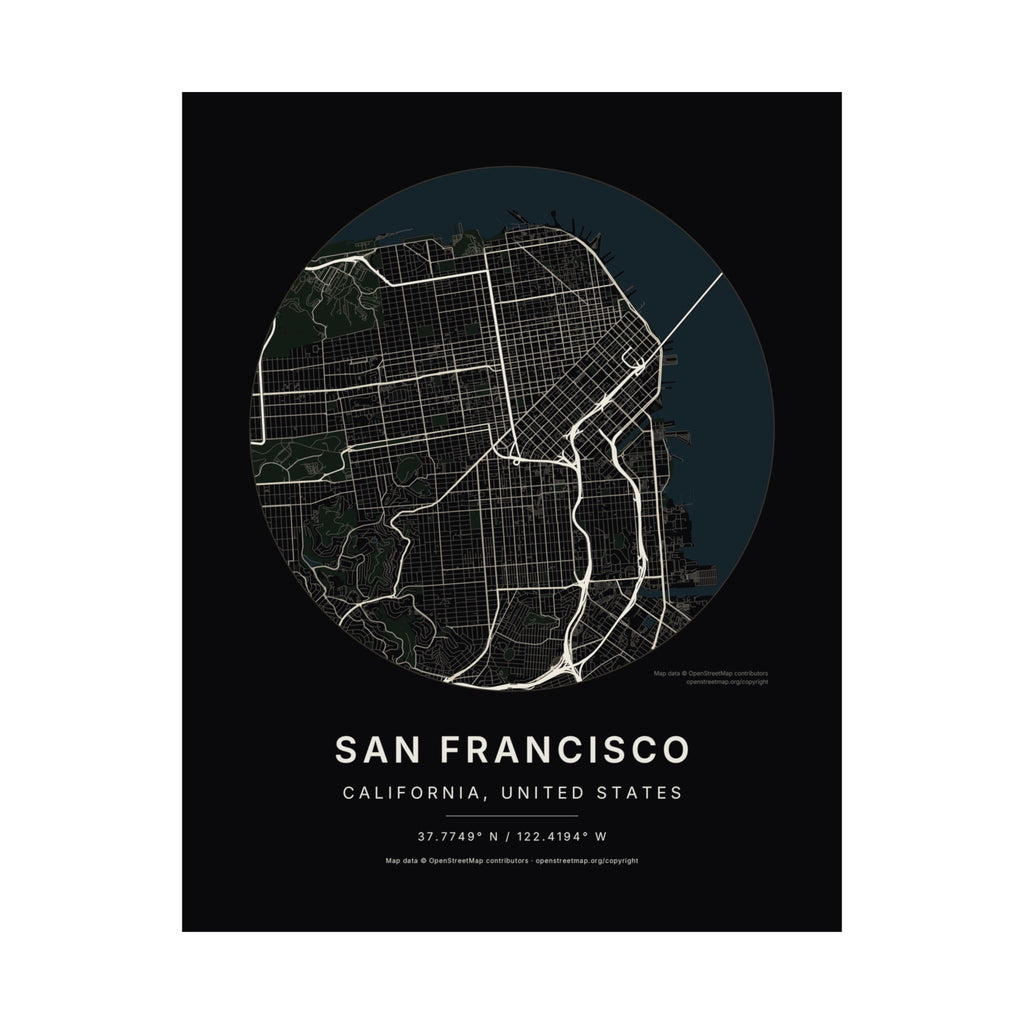 San Francisco, California City Map Print — Noir Black Street Map Wall Art