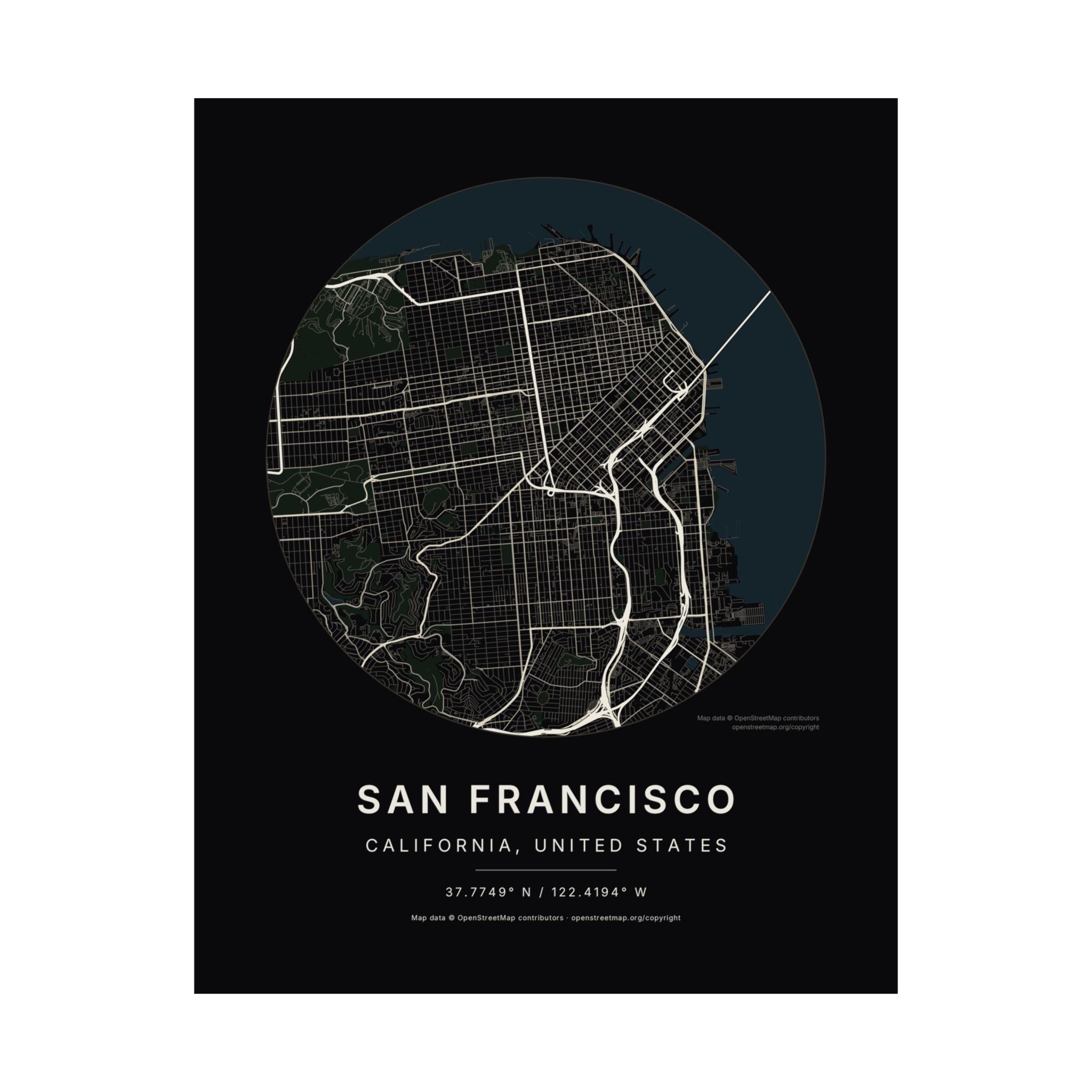 San Francisco, California City Map Print — Noir Black Street Map Wall Art