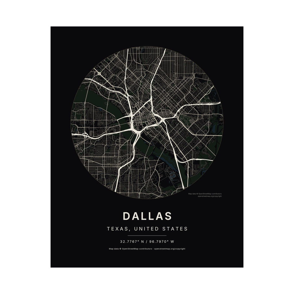 Dallas, Texas City Map Print — Noir Black Street Map Wall Art