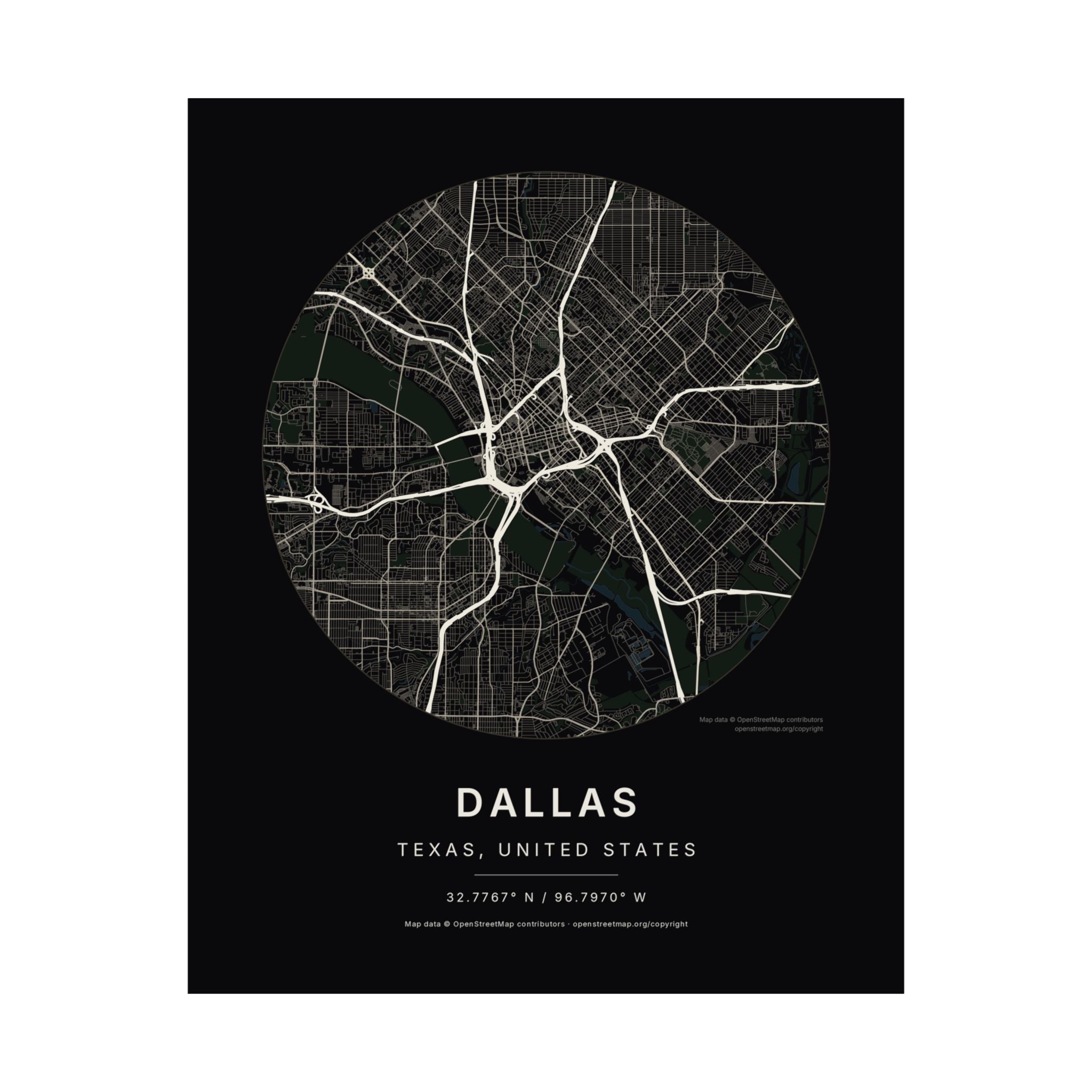 Dallas, Texas City Map Print — Noir Black Street Map Wall Art