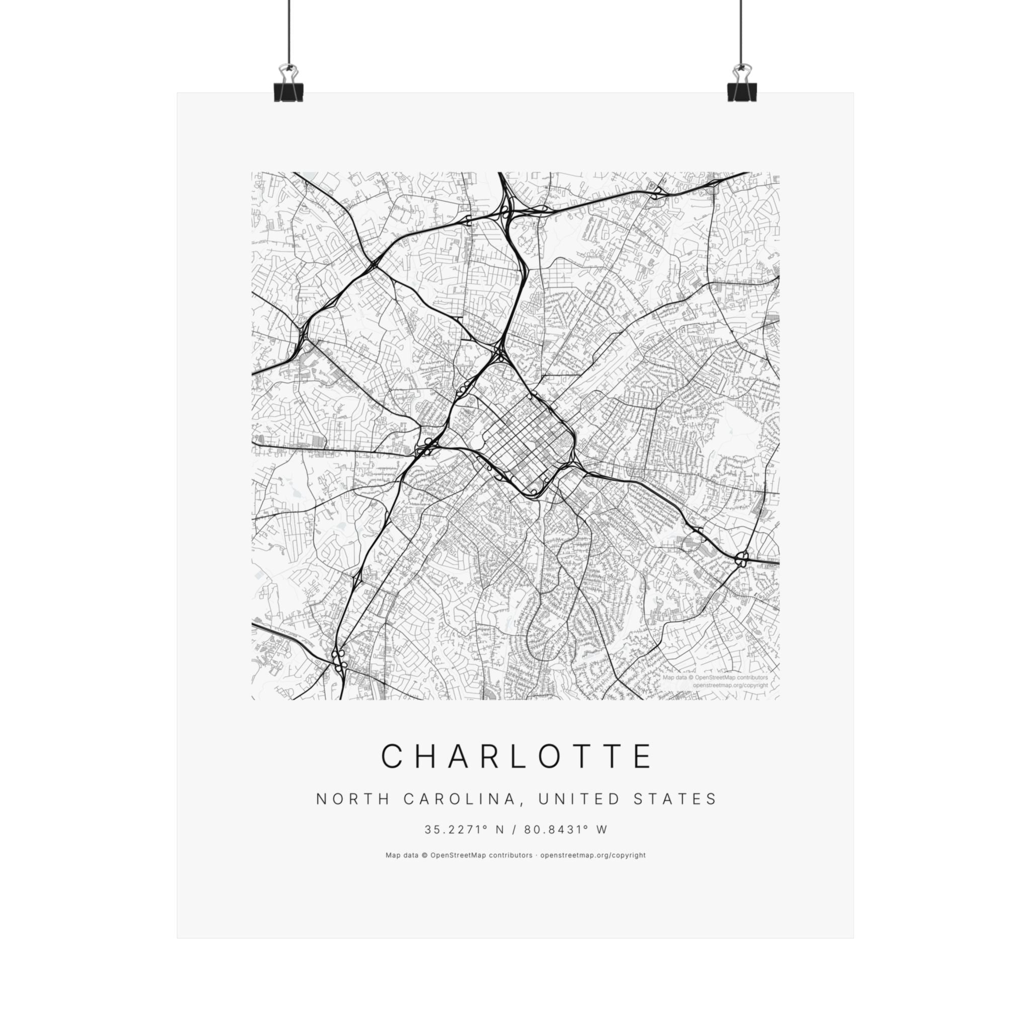 Charlotte, North Carolina City Map Print — Minimalist Street Map Wall Art
